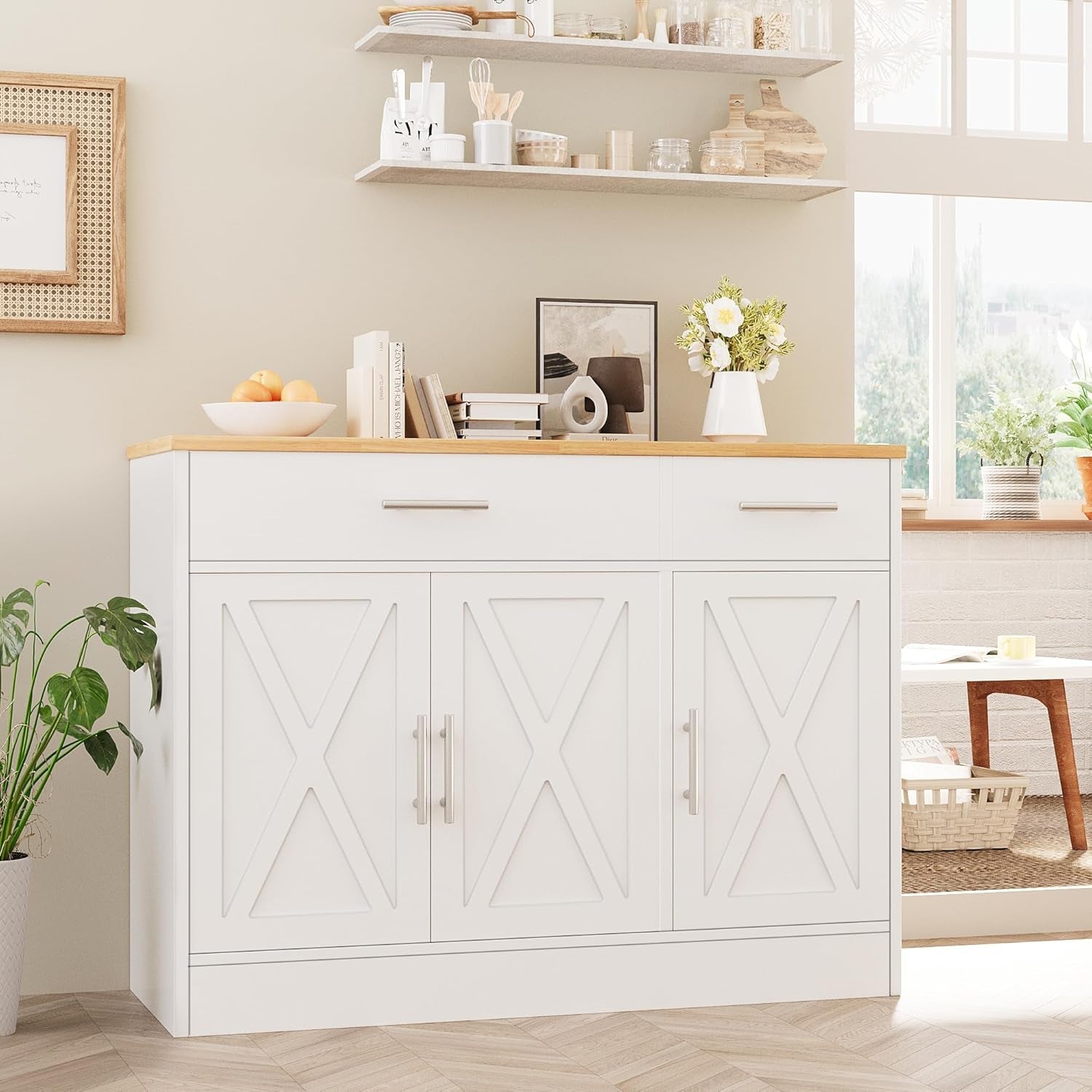 White Farmhouse Sideboard Buffet Cabinet With Drawers
