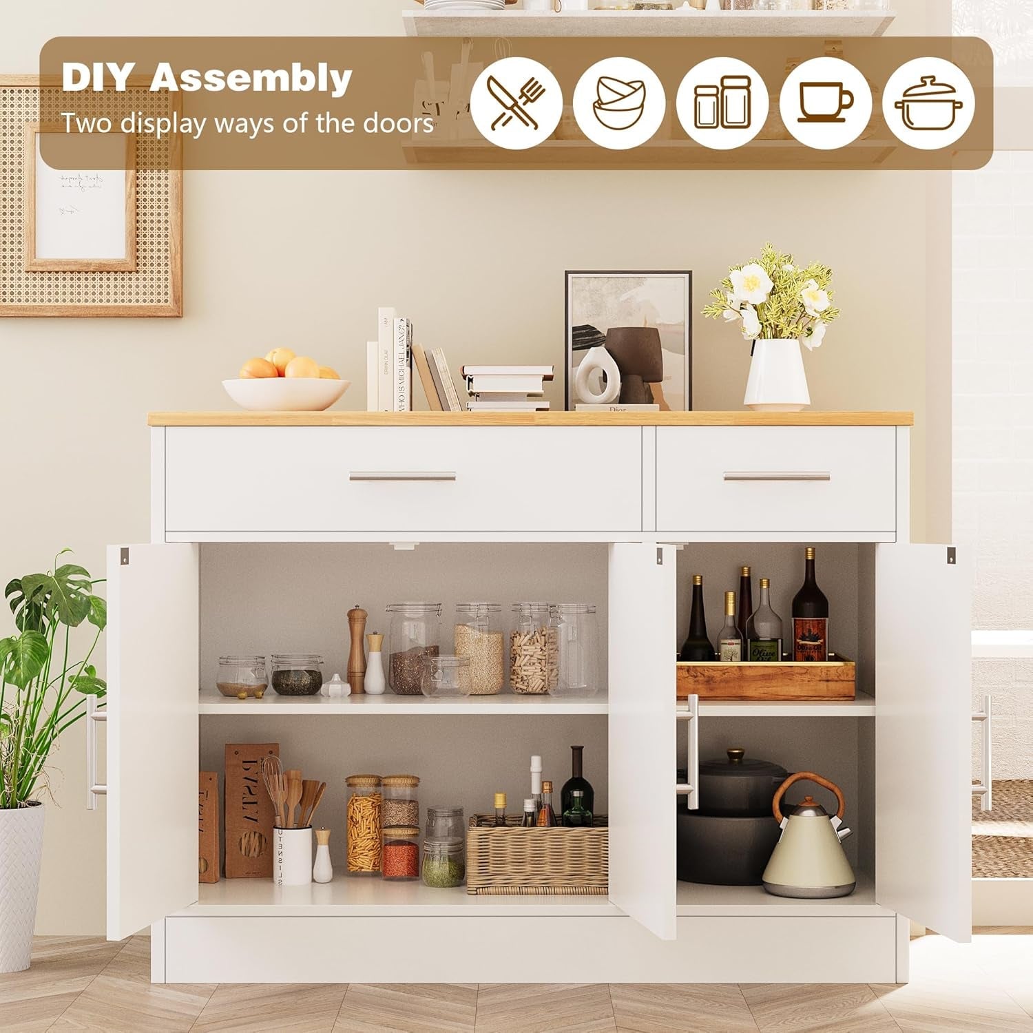 White Farmhouse Sideboard Buffet Cabinet With Drawers