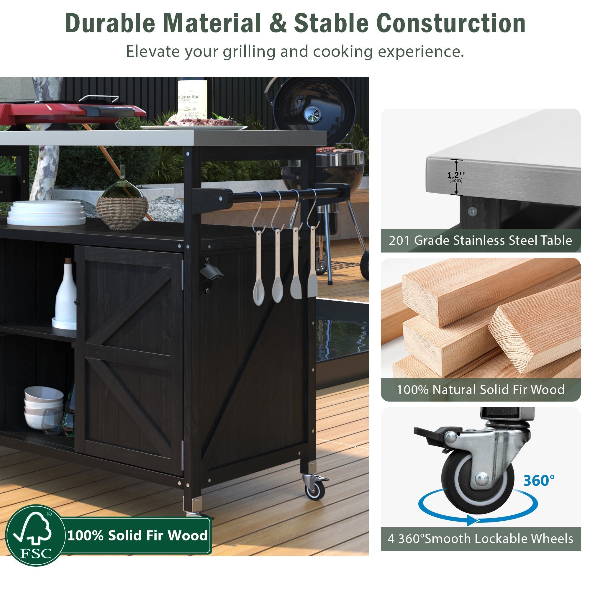 K&K Outdoor Kitchen Island with Rolling Bar Cart and Storage Cabinet