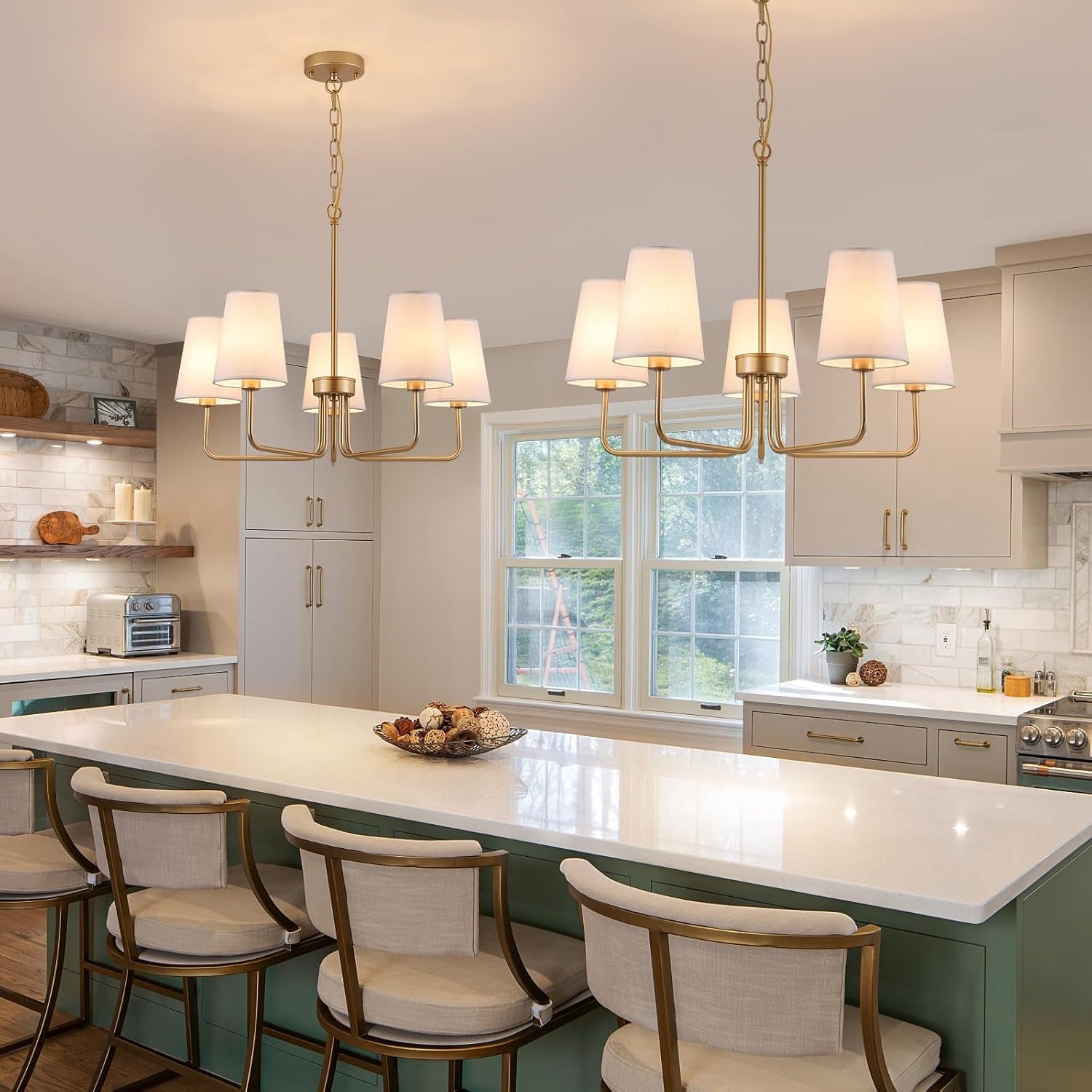 Five Light Gilded Farmhouse Chandelier With White Shades