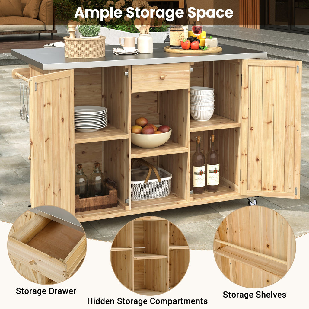 Outdoor Kitchen Island Fir Wood Kitchen Island with Stainless Steel Top, Ample Storage Space, Towel and Spice Racks, Bottle Opener, Natural