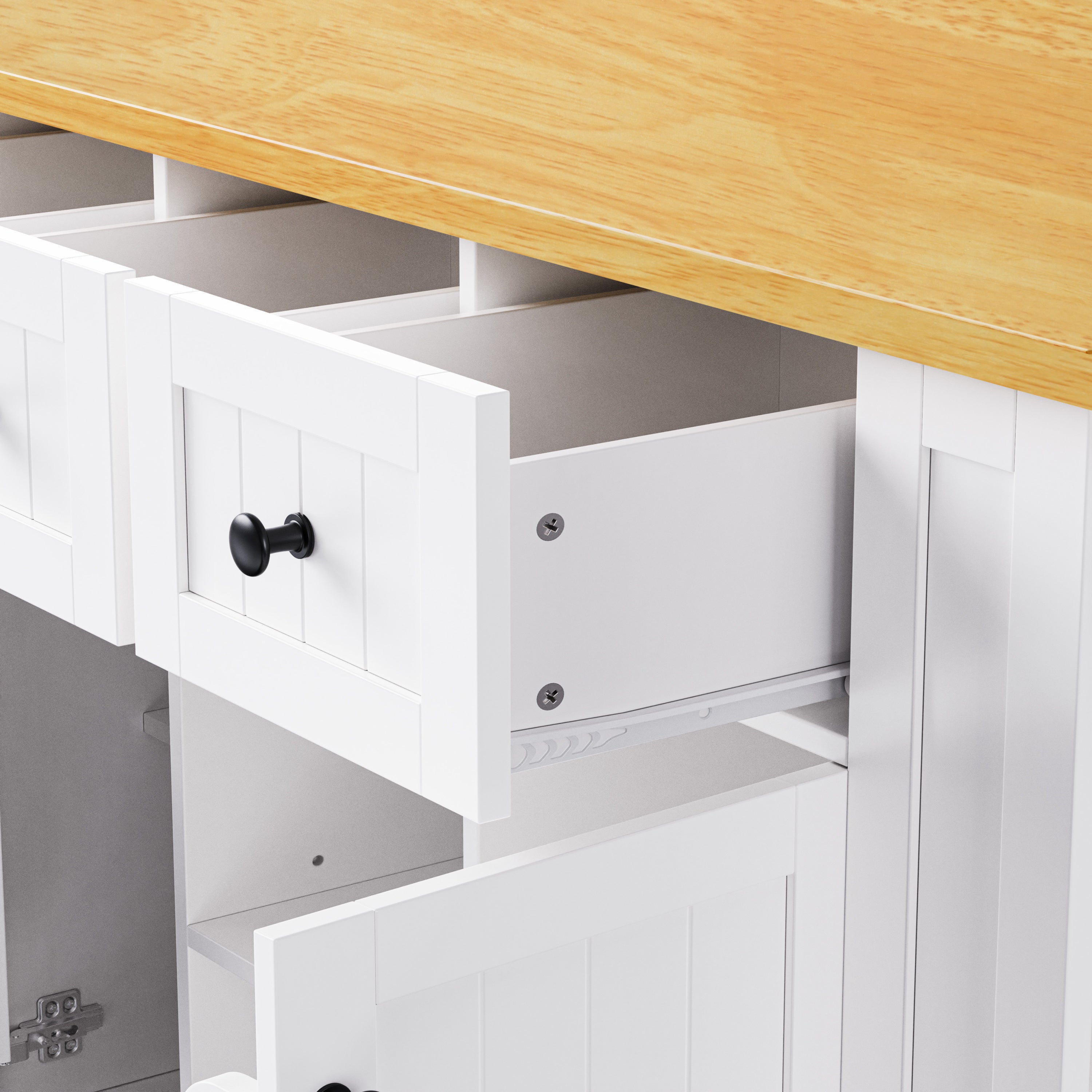 K&K 53inch Large Kitchen Island with 2 Bar Stools, Power Outlet,Door Internal Storage Rack, Kitchen Storage Cart on 5 Wheels with Drop Leaf, 5 Open Side Racks, 3 Drawers, for Kitchen,Dining Room,White