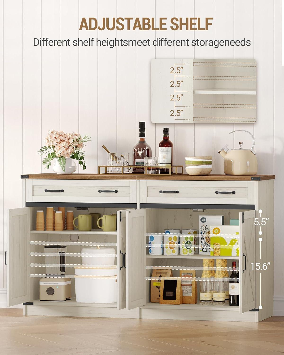 White Brown Farmhouse Buffet Cabinet Adjustable Shelves
