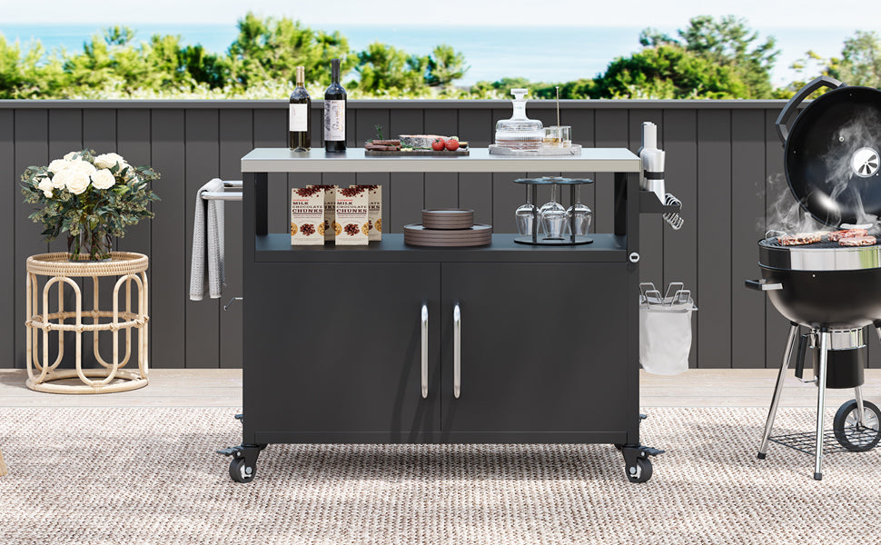 K&K 54.5' Outdoor Kitchen Island with Stainless Steel Tabletop and Storage
