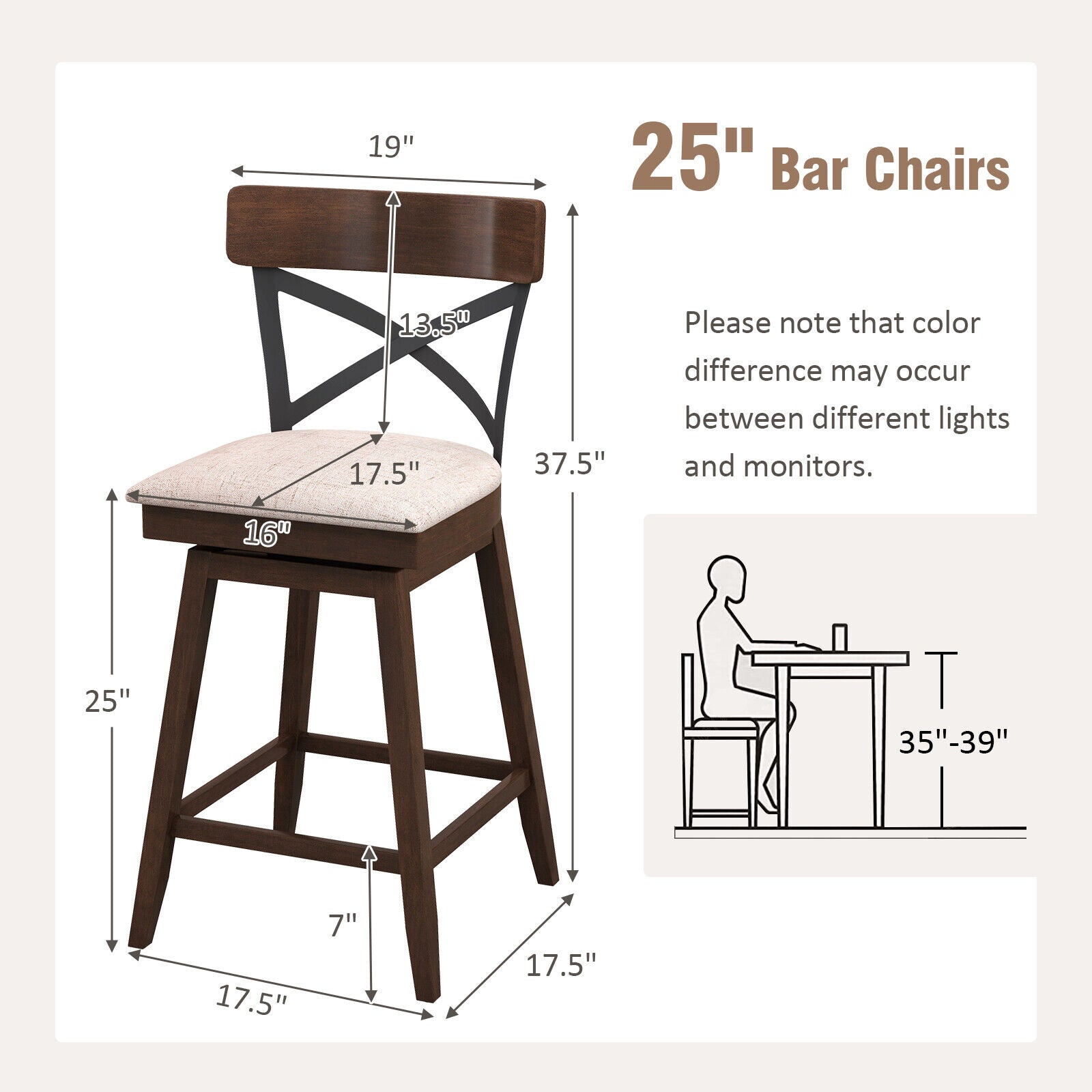 Set of 2 Wooden Swivel Bar Stools with Cushioned Seat and Open X Back-25 Inch