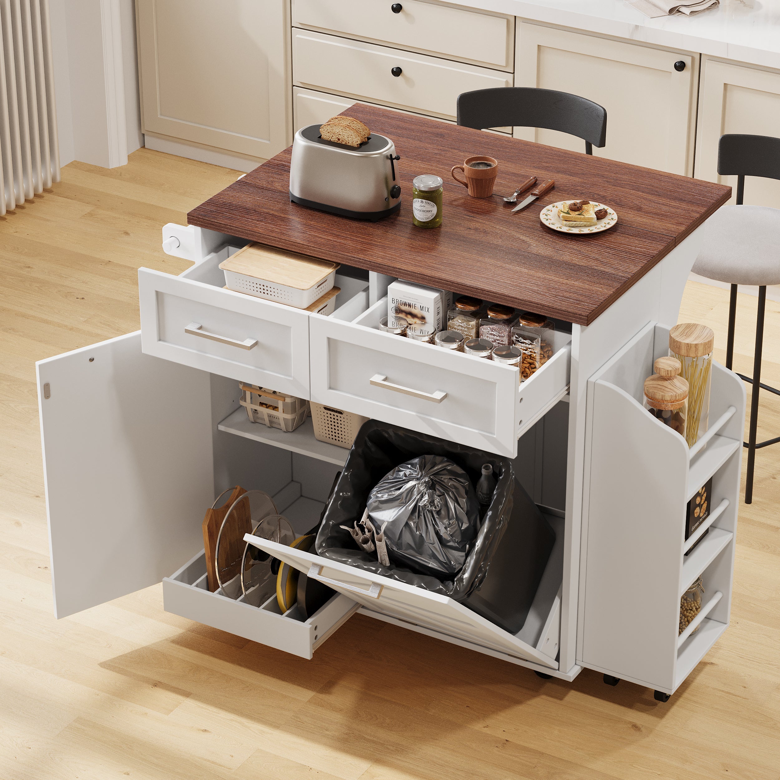 K&K 47.2' Farmhouse Kitchen Island with Drop Leaf, Kitchen Storage Island with Removable Side Racks, Two Drawers, Rolling Kitchen Cart on Wheels with Towel Rack, for Home, Kitchen, Dining Room, White