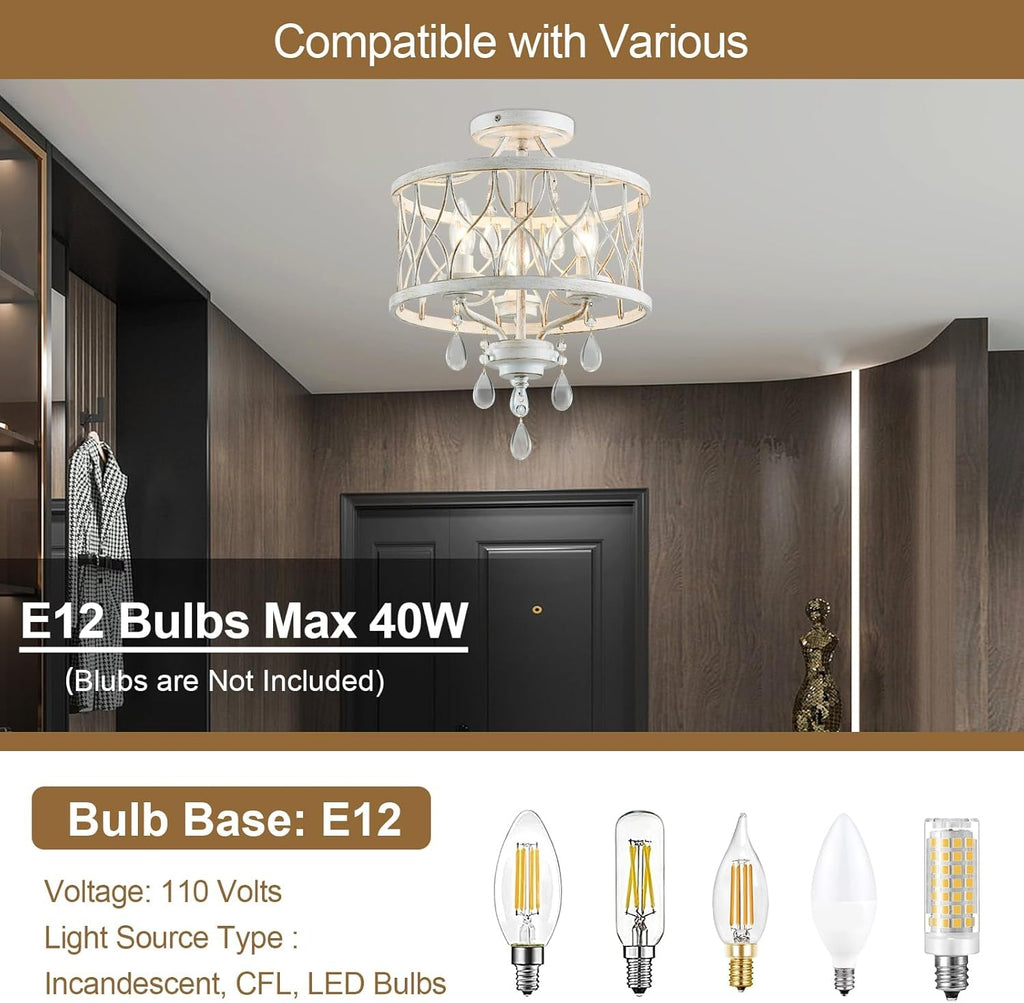 Farmhouse Crystal Ceiling Light Three Light White Fixture