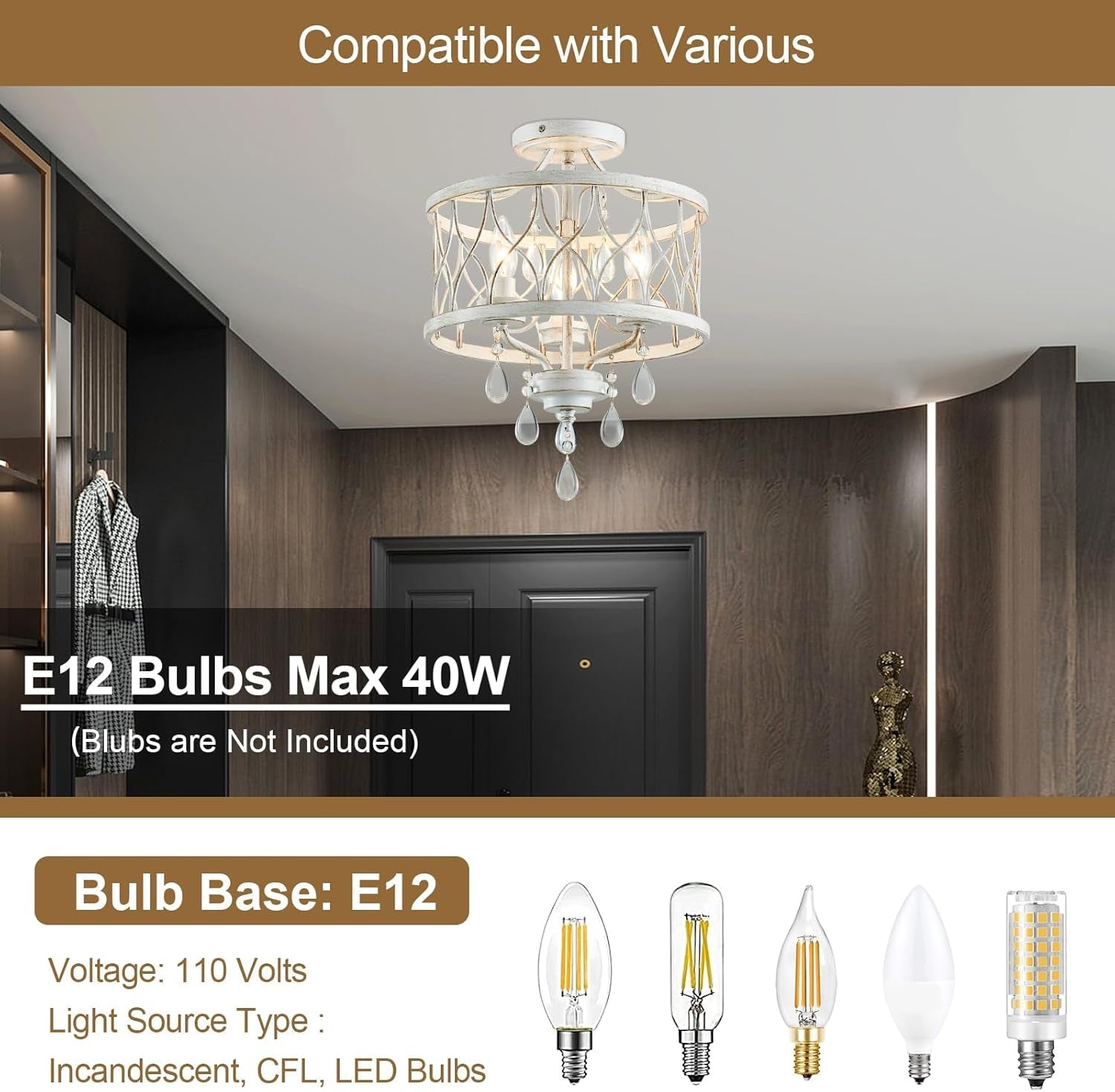 Farmhouse Crystal Ceiling Light Three Light White Fixture