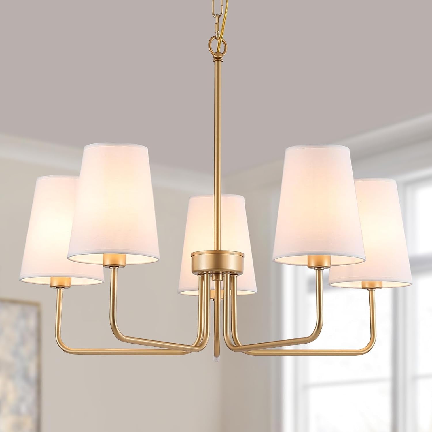Five Light Gilded Farmhouse Chandelier With White Shades