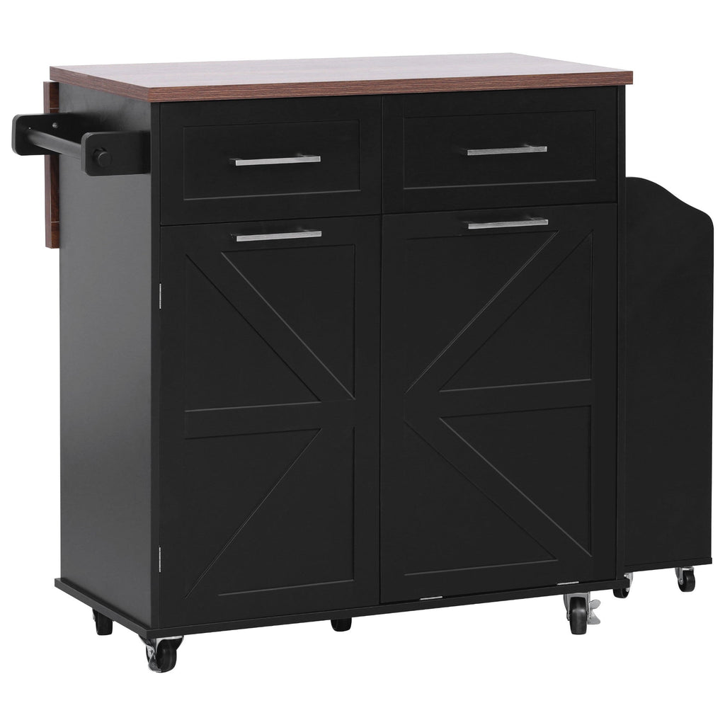 K&K 47.2' Farmhouse Kitchen Island with Drop Leaf, Kitchen Storage Island with Removable Side Racks, Two Drawers, Rolling Kitchen Cart on Wheels with Towel Rack, for Home, Kitchen, Dining Room, Black