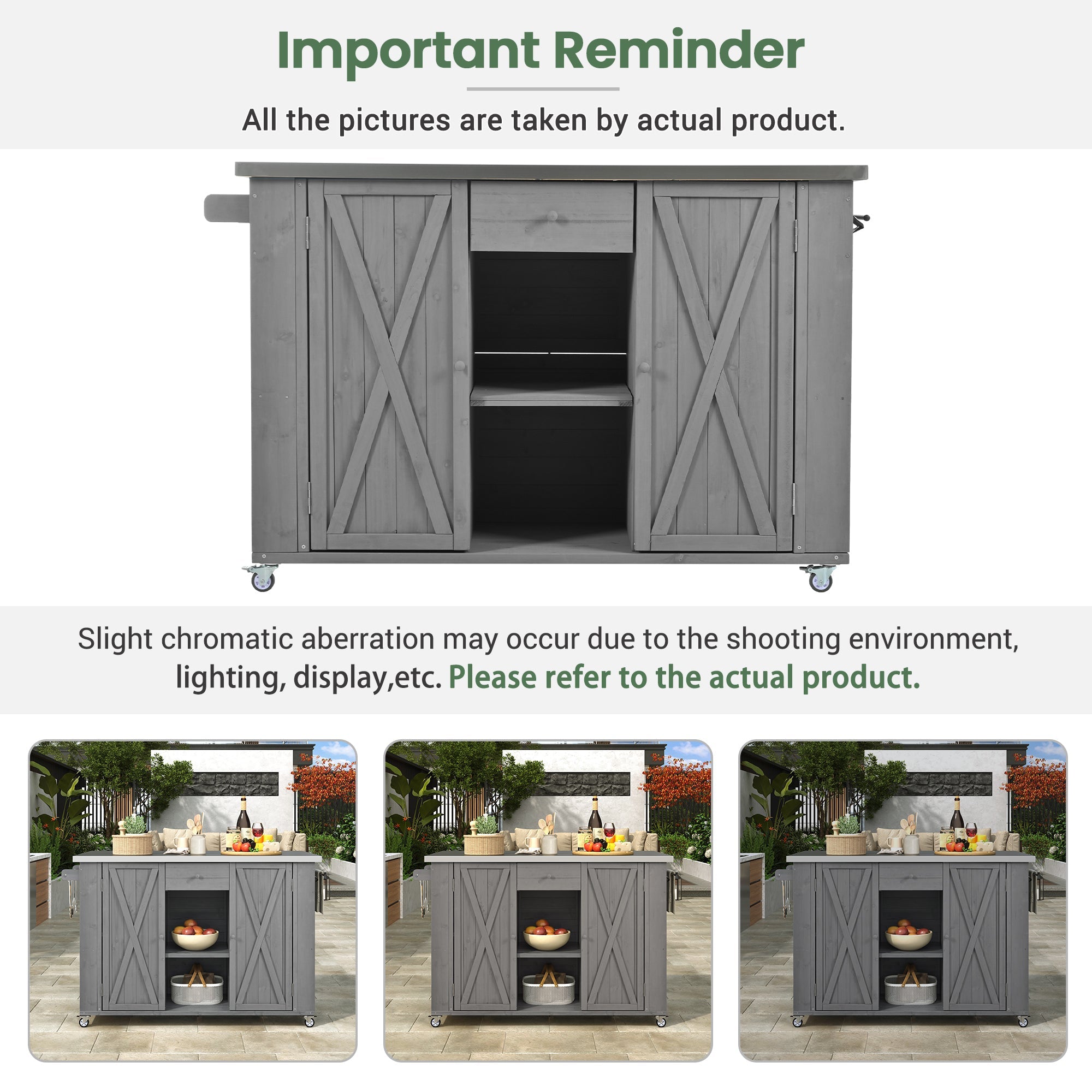 Outdoor Kitchen Island Fir Wood Kitchen Island with Stainless Steel Top, Ample Storage, Towel and Spice Racks, Bottle Opener, Grey
