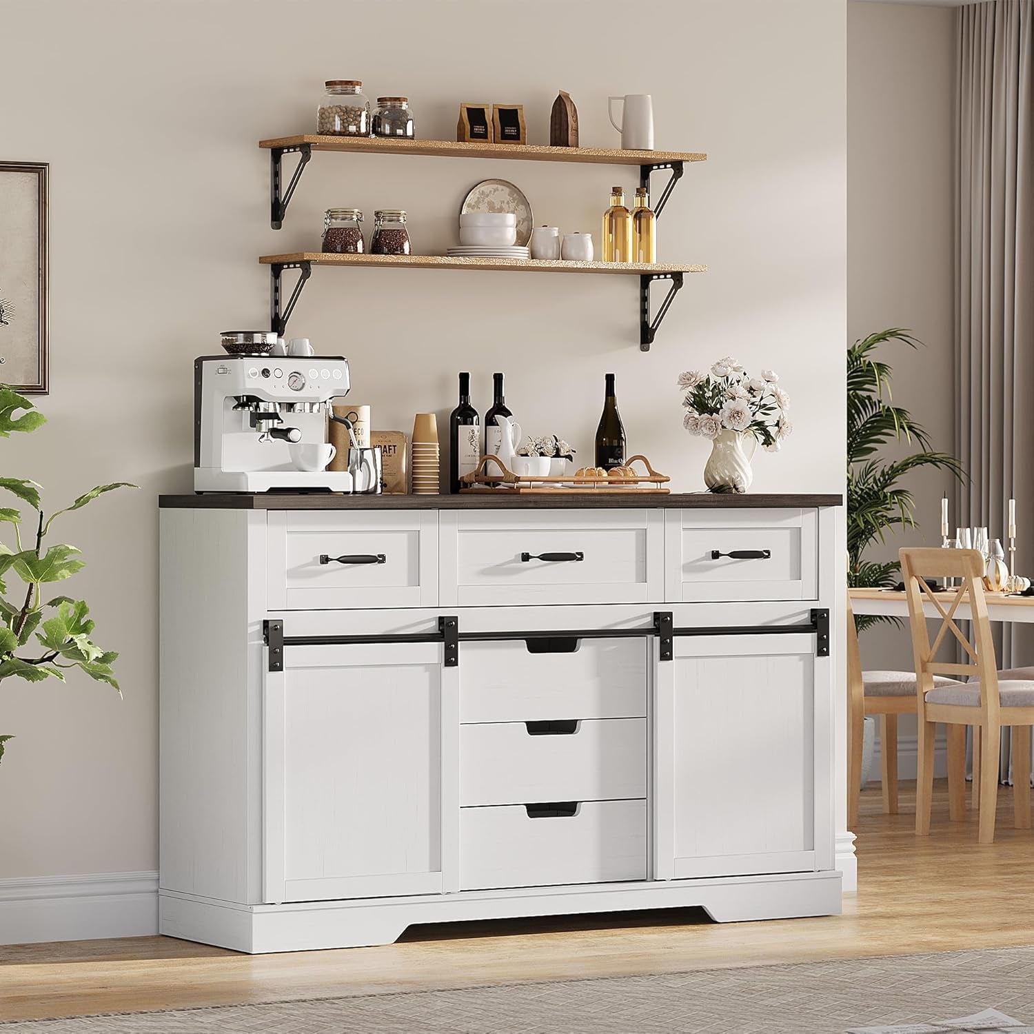 White Farmhouse Buffet Cabinet 47 Inch Wide With Drawers