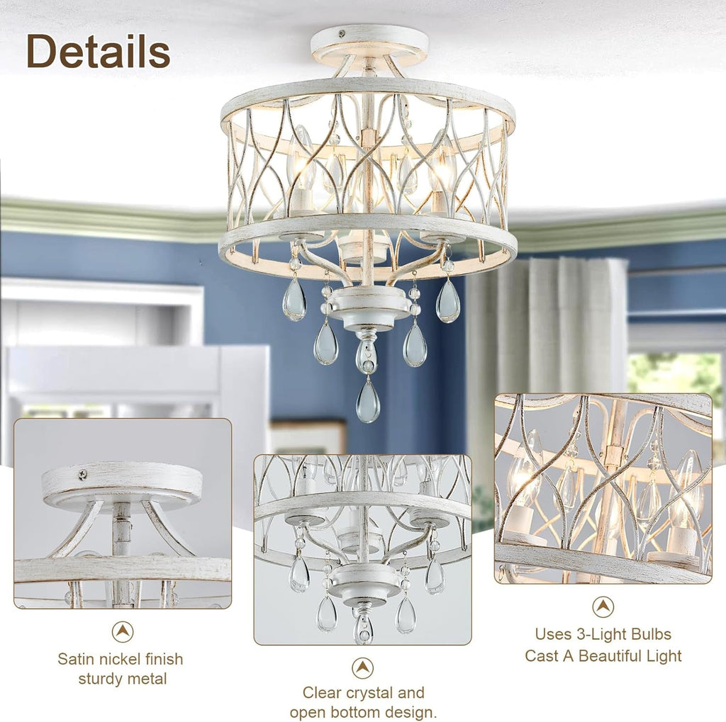 Farmhouse Crystal Ceiling Light Three Light White Fixture