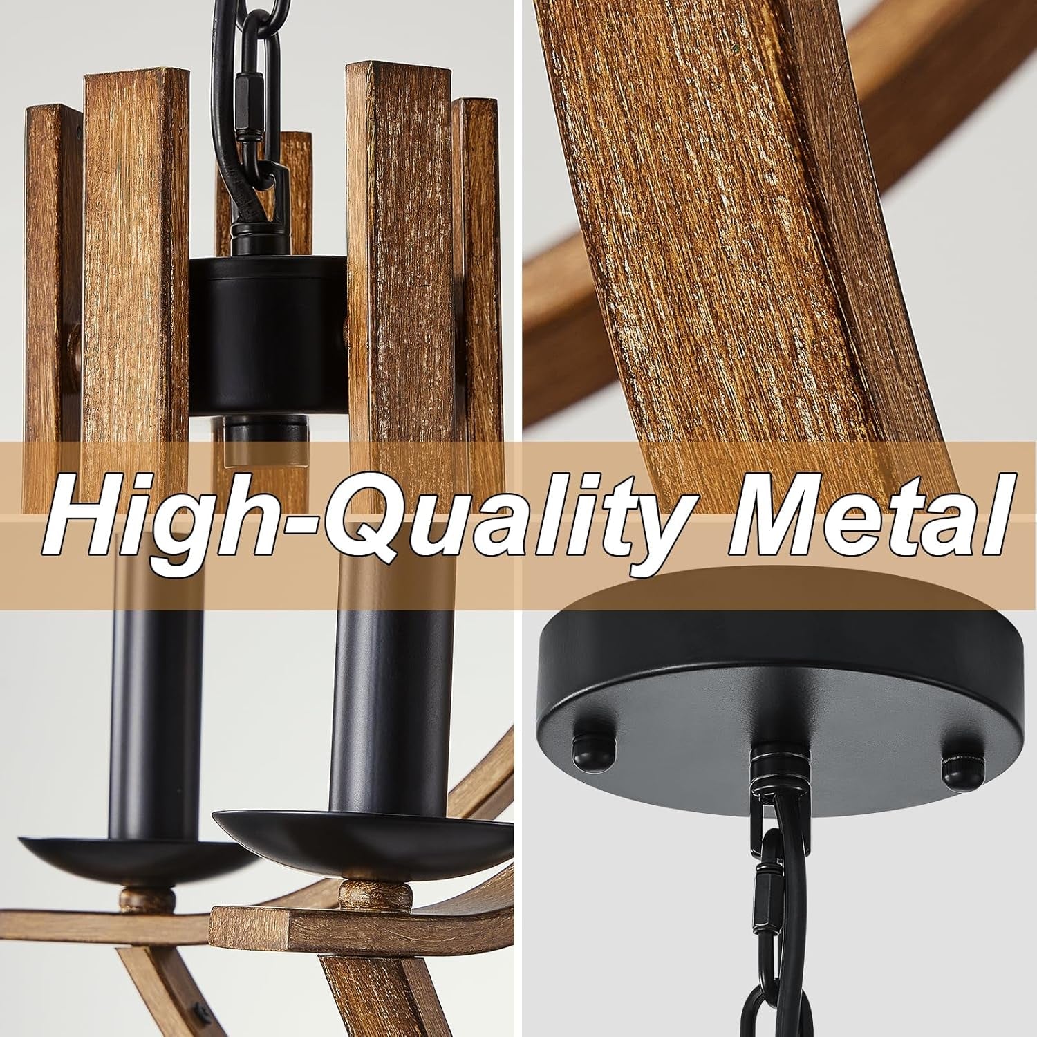 22 Inch Farmhouse Wooden Chandelier In Black Finish For Dining Room Lighting With Candle Style Ambience