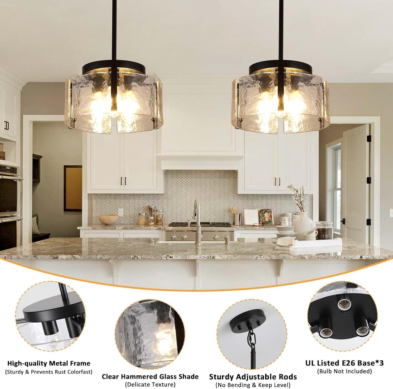 Black Adjustable Farmhouse Chandelier For Dining Room With Hammered Glass