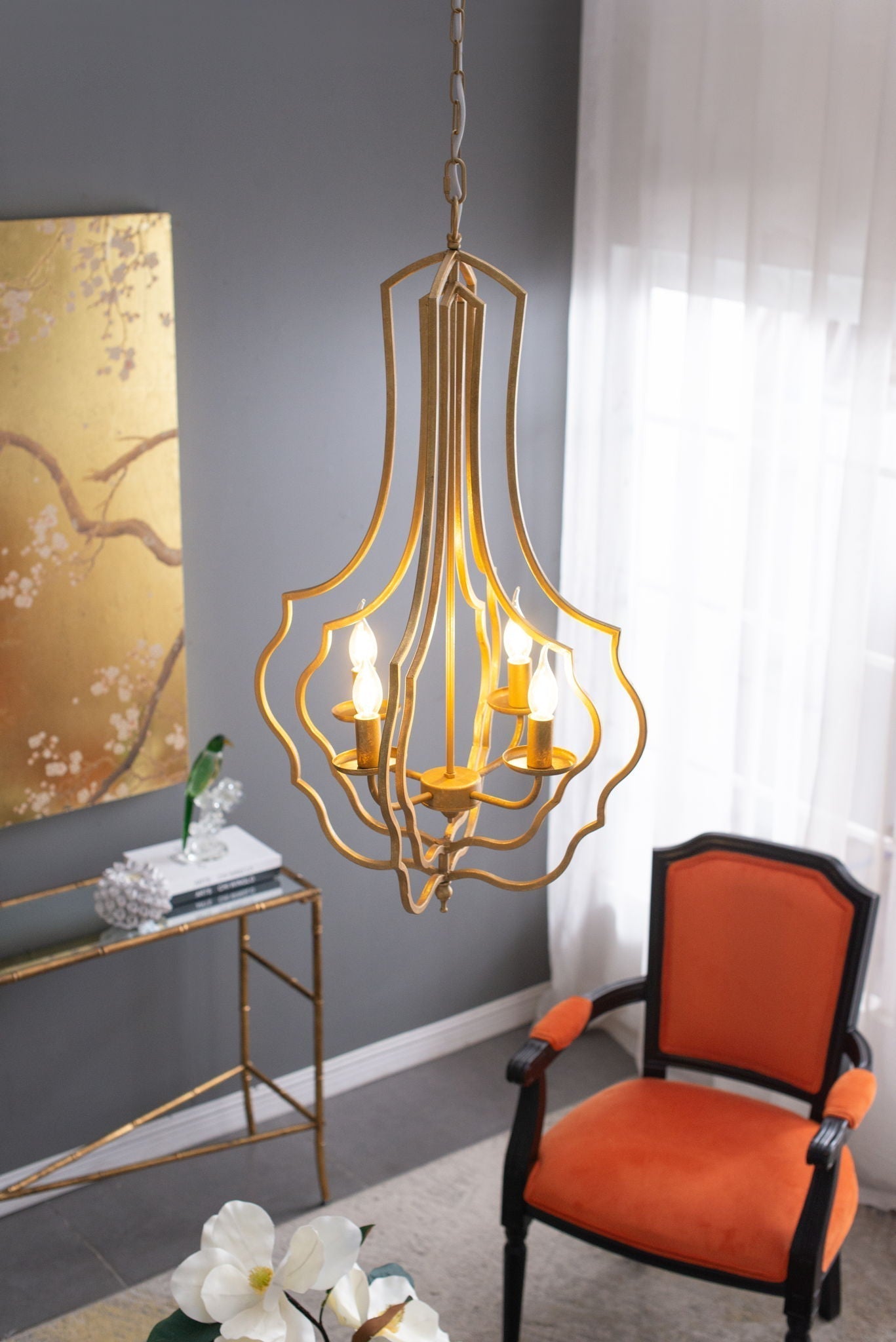 4 Light Chandelier With Adjustable Chain - Gold
