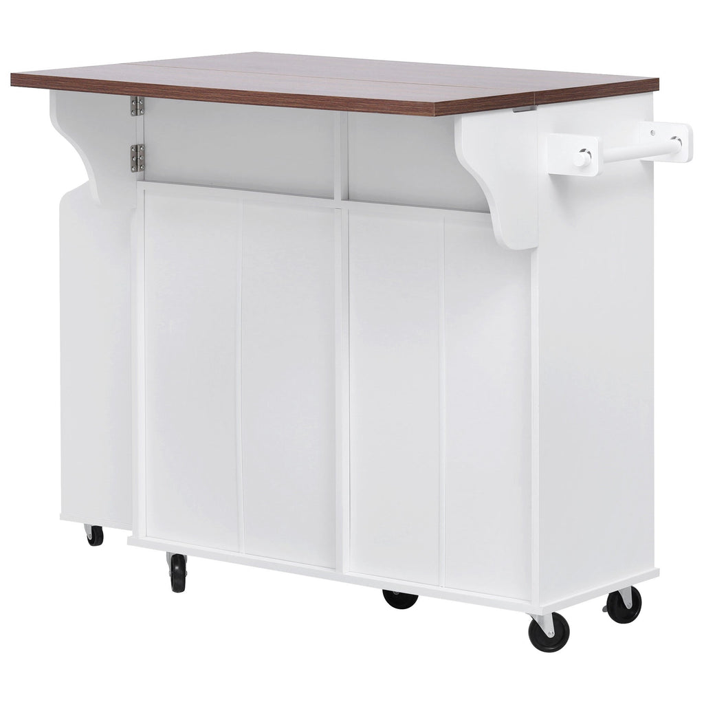 K&K 47.2' Farmhouse Kitchen Island with Drop Leaf, Kitchen Storage Island with Removable Side Racks, Two Drawers, Rolling Kitchen Cart on Wheels with Towel Rack, for Home, Kitchen, Dining Room, White