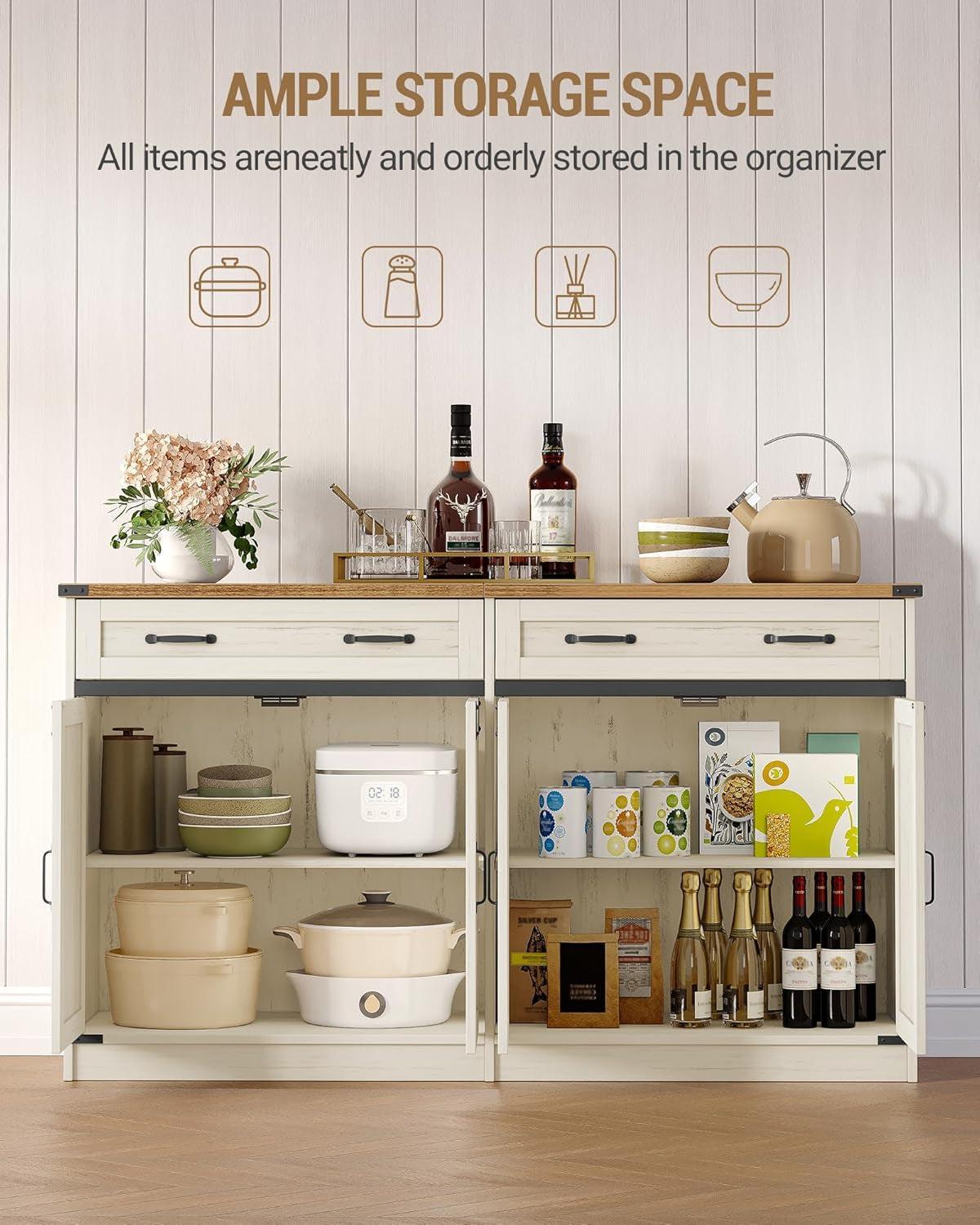 White Brown Farmhouse Buffet Cabinet Adjustable Shelves