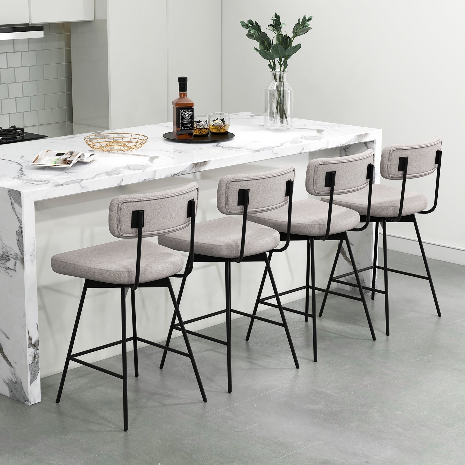 25 Inch 2-Piece Modern Upholstered Bar Stools with Back and Footrests-Beige