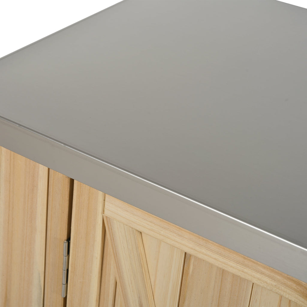 Outdoor Kitchen Island Fir Wood Kitchen Island with Stainless Steel Top, Ample Storage Space, Towel and Spice Racks, Bottle Opener, Natural