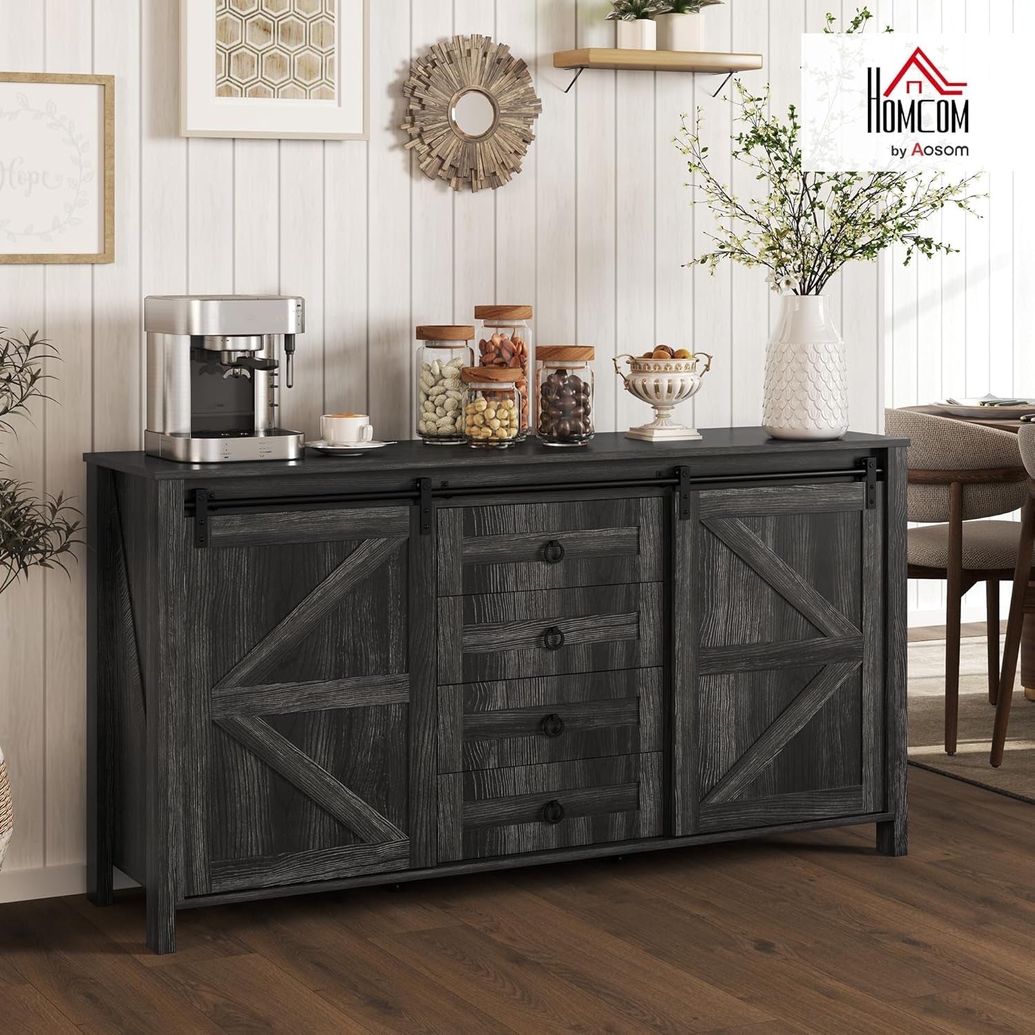60 Inch Farmhouse Sideboard Buffet Cabinet Sliding Doors