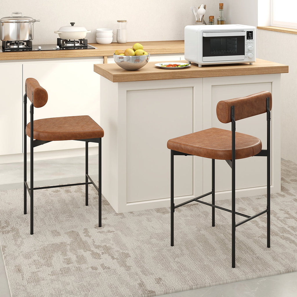 Upholstered Bar Stools Set of 2 Counter Height in brown color beside kitchen island with microwave and countertop.