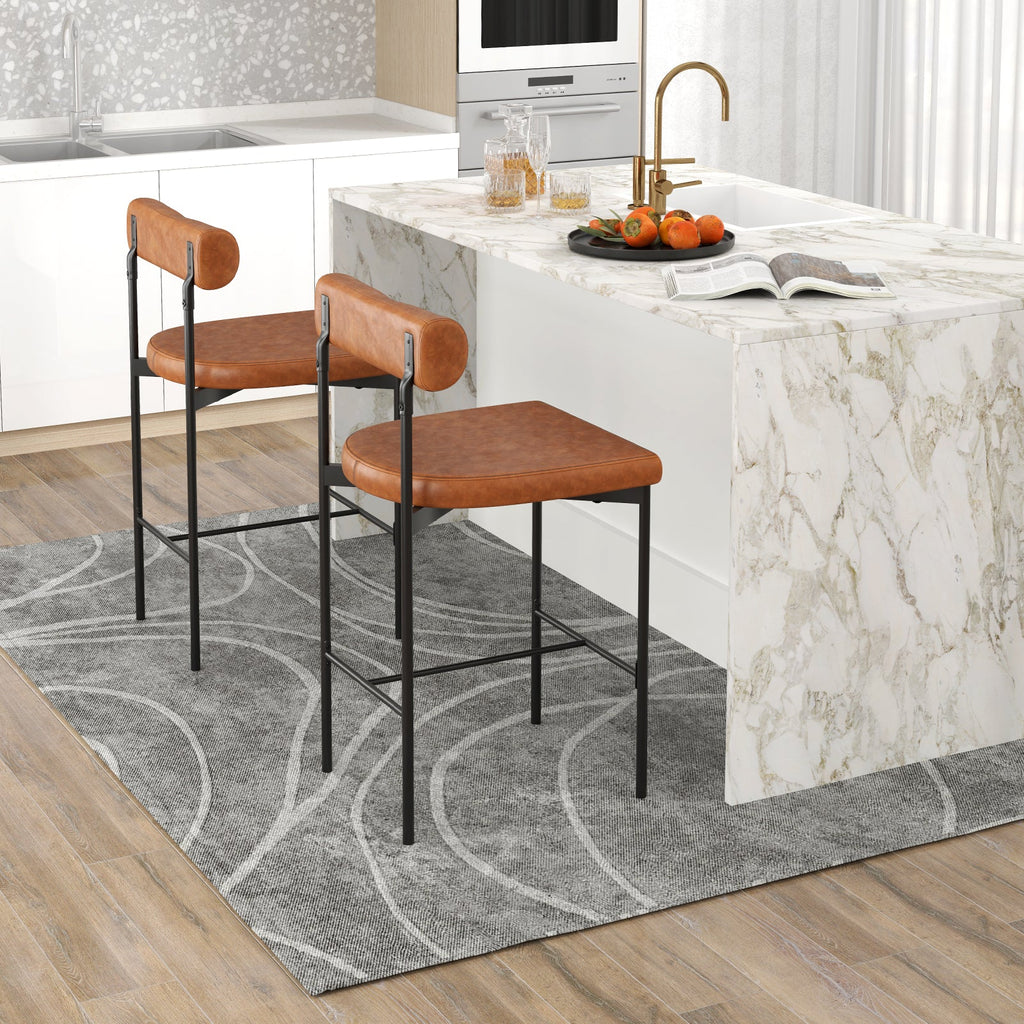 Upholstered Bar Stools Set of 2 Counter Height with brown upholstery and backrests at a kitchen island.