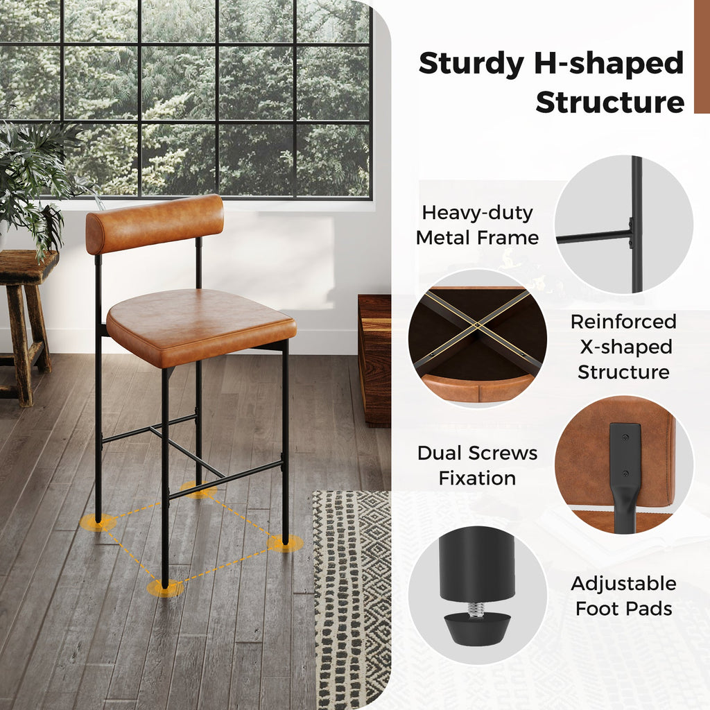 Upholstered Bar Stools Set of 2 Counter Height with sturdy H-shaped structure and heavy-duty metal frame.