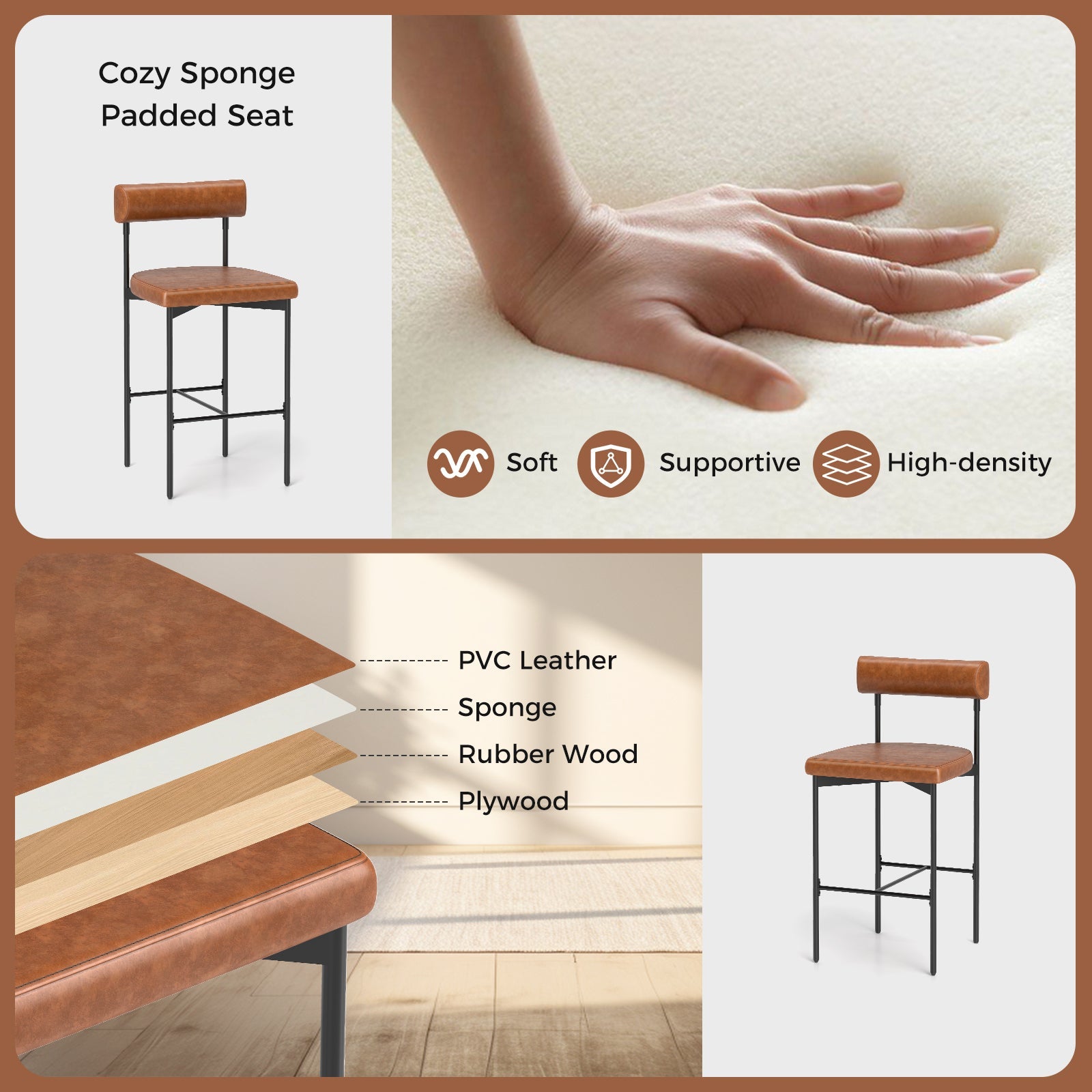 Upholstered Bar Stools Set of 2 Counter Height features cozy sponge padded seat for comfort and support.
