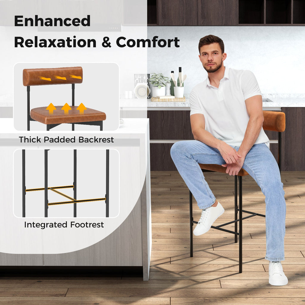 Upholstered Bar Stools Set of 2 Counter Height with thick padded backrest and integrated footrest for enhanced relaxation and comfort.