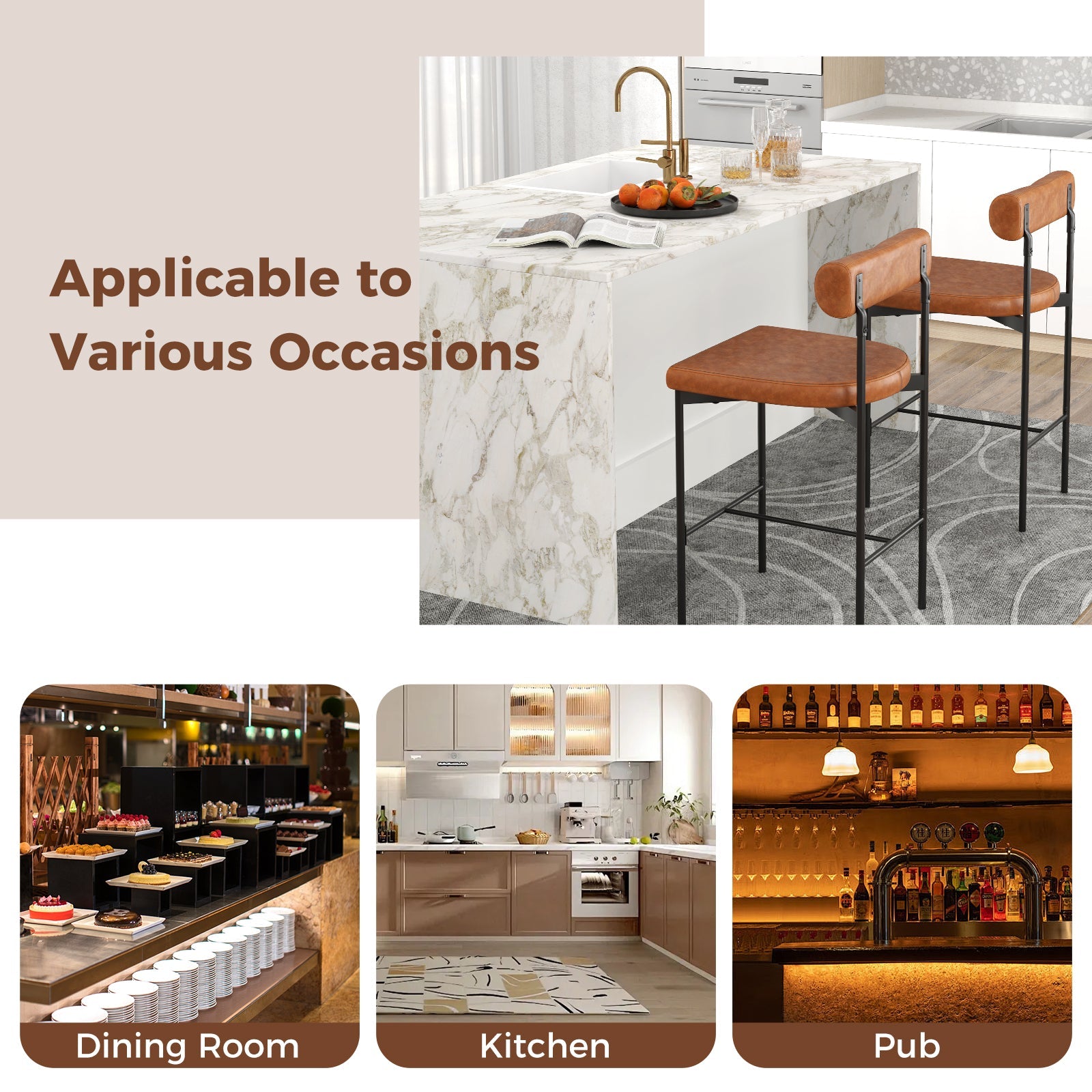 Upholstered Bar Stools Set of 2 Counter Height positioned in dining room, kitchen, and pub settings.