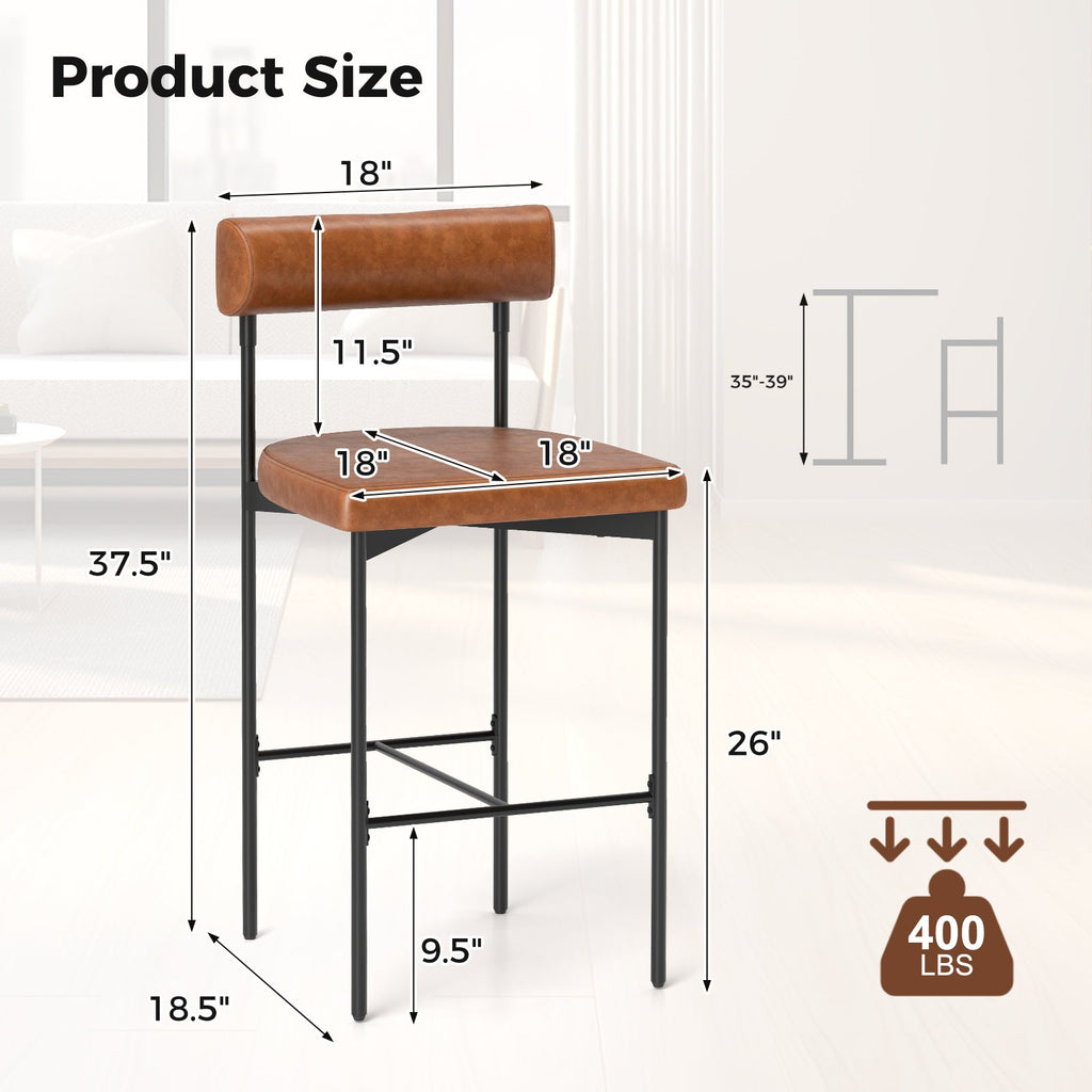 Upholstered Bar Stools Set of 2 Counter Height product size dimensions chart, brown upholstery, suitable for 400 lbs.