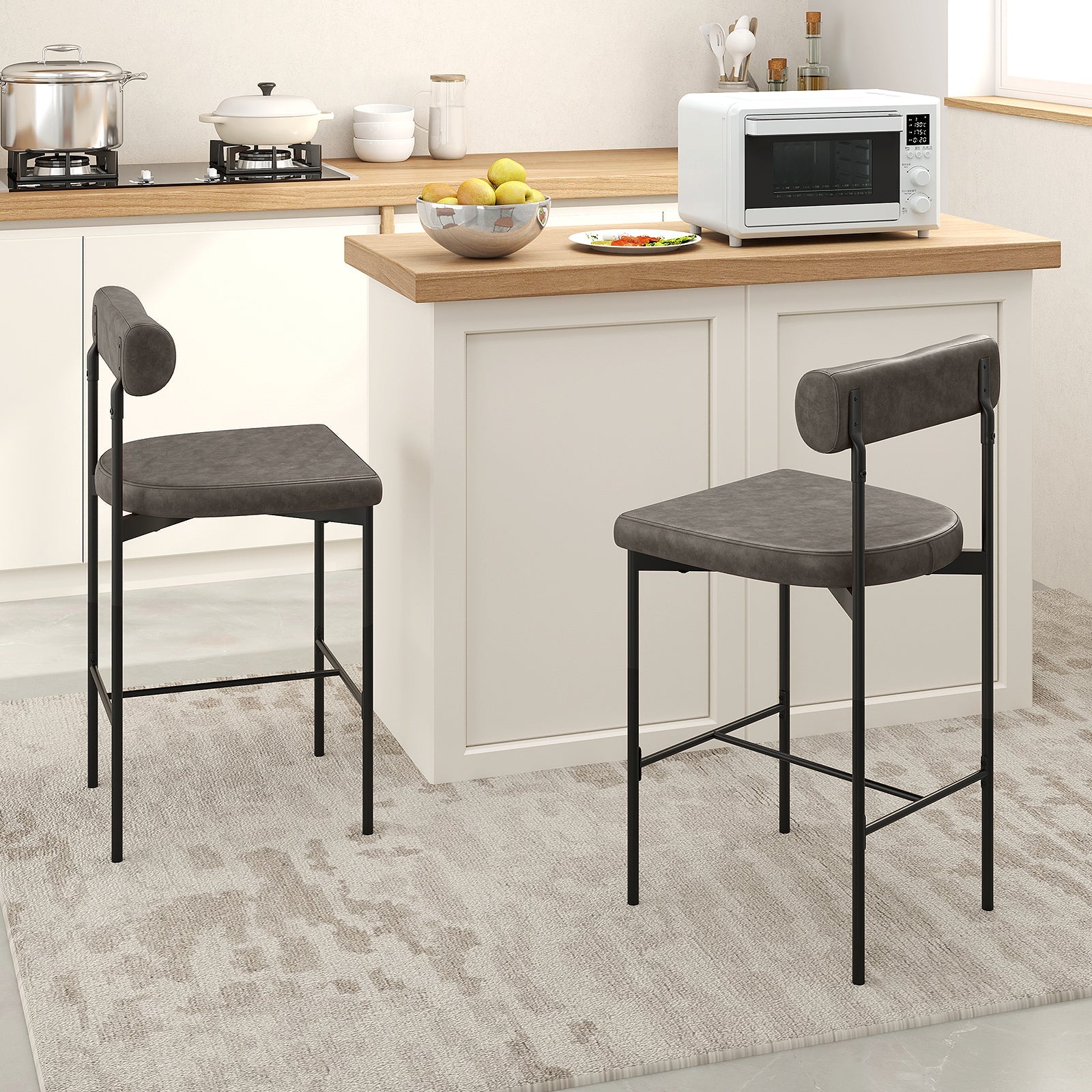 20 Inch Upholstered Bar Stools Set of 2 Counter Height Bar Chairs with  Backrest-Gray