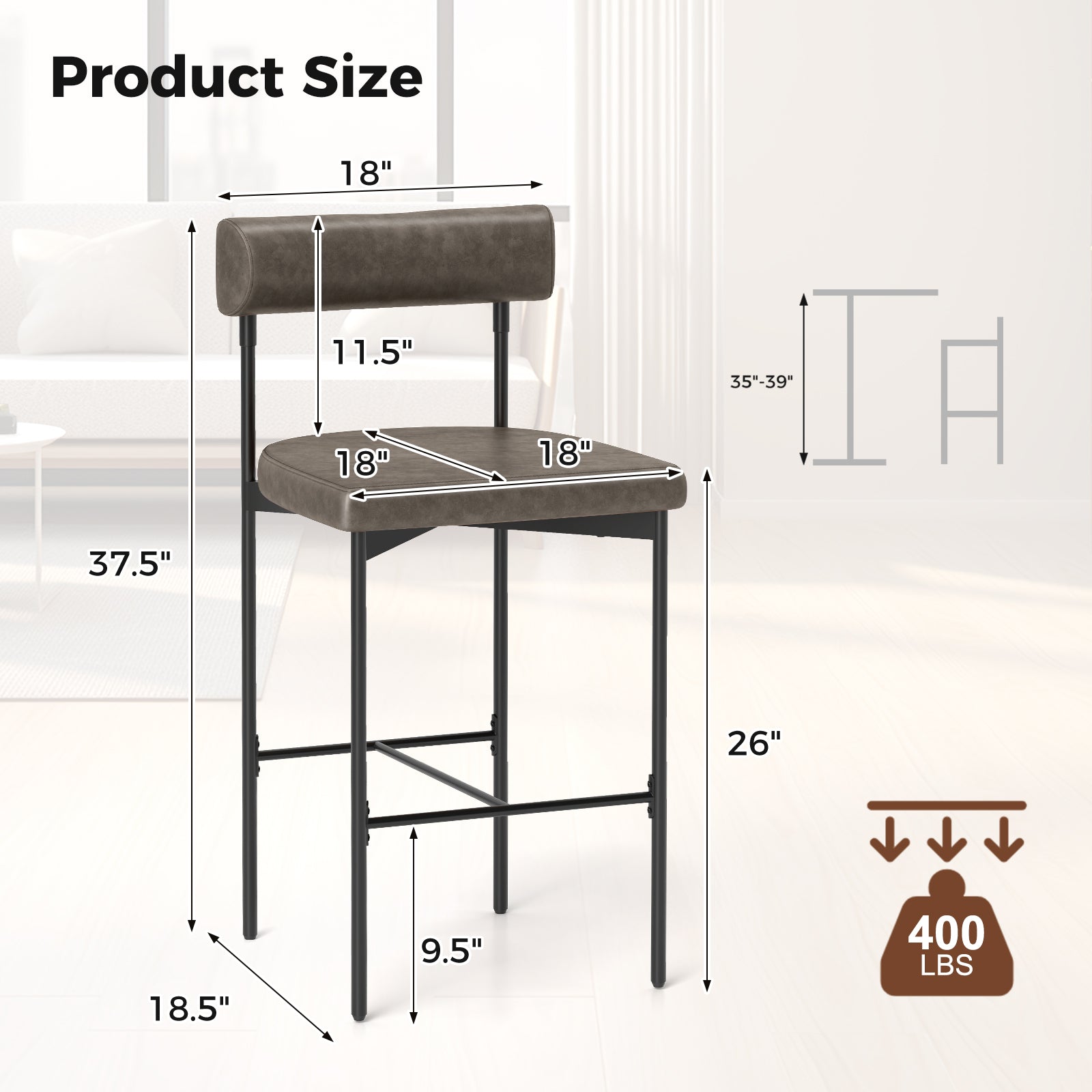 20 Inch Upholstered Bar Stools Set of 2 Counter Height Bar Chairs with  Backrest-Gray