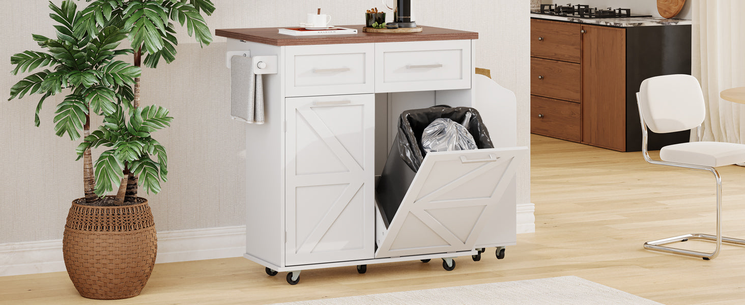 K&K 47.2' Farmhouse Kitchen Island with Drop Leaf, Kitchen Storage Island with Removable Side Racks, Two Drawers, Rolling Kitchen Cart on Wheels with Towel Rack, for Home, Kitchen, Dining Room, White