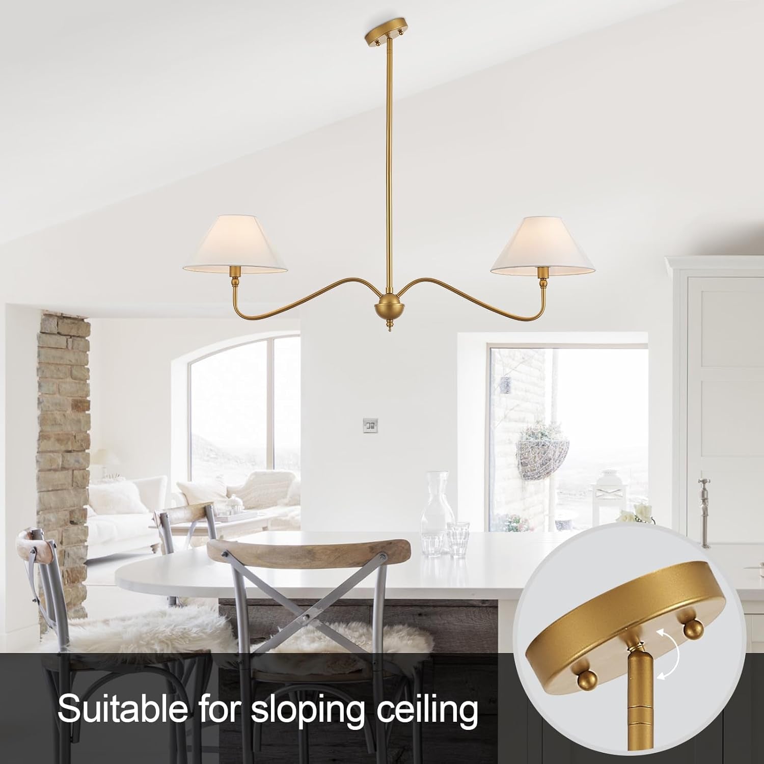 Goldtone Linear 2 Light Chandelier For Kitchen Island