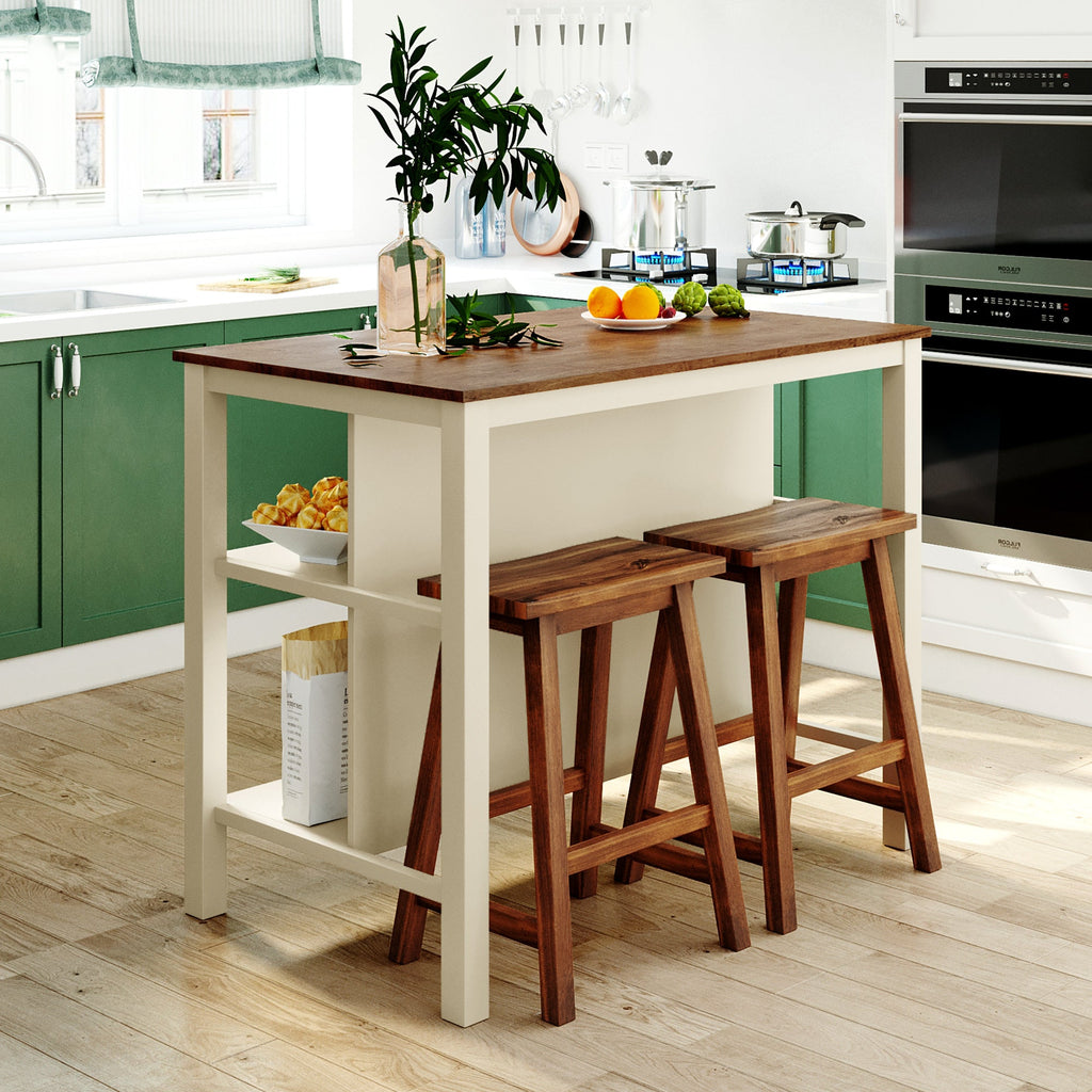 TOPMAX Rustic 3-piece Stationary Kitchen Island Set with Butcher Block and Seating, Walnut and Cream White