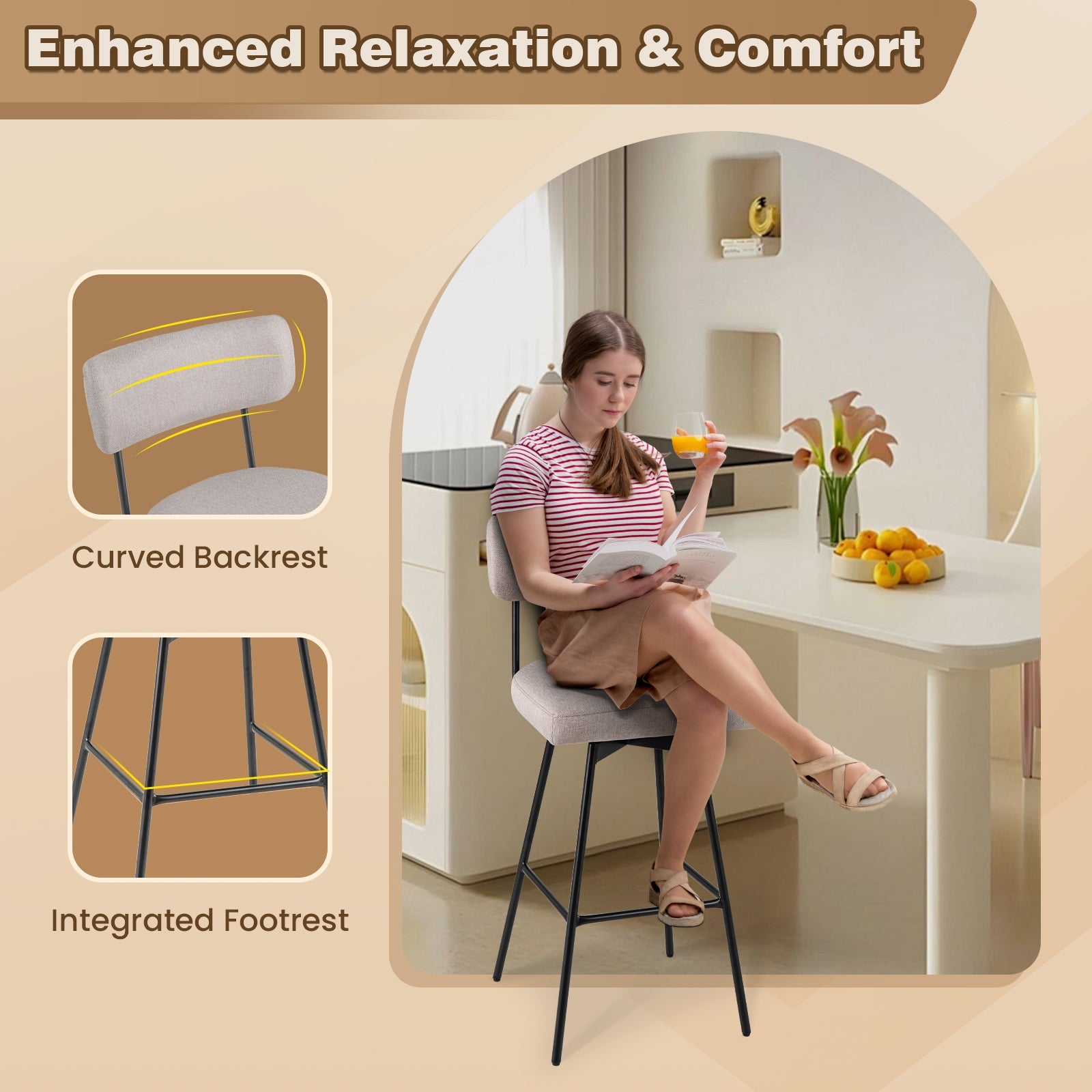 29 Inch Counter Height Upholstered Swivel Bar Stool Set of 2-beige