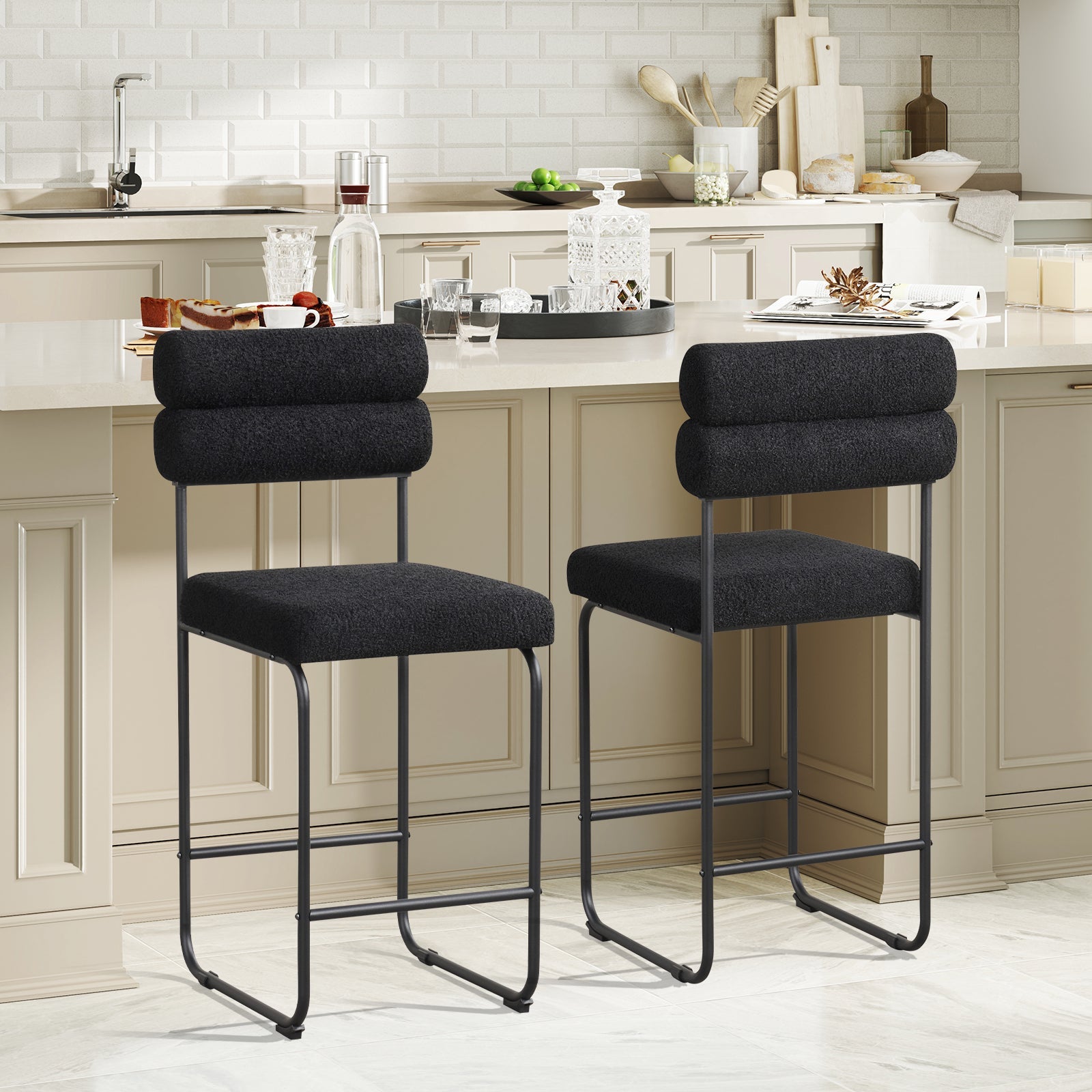 26 Inch Counter Height Bar Stools Set of 2 with Metal Frame and Footrest-Black