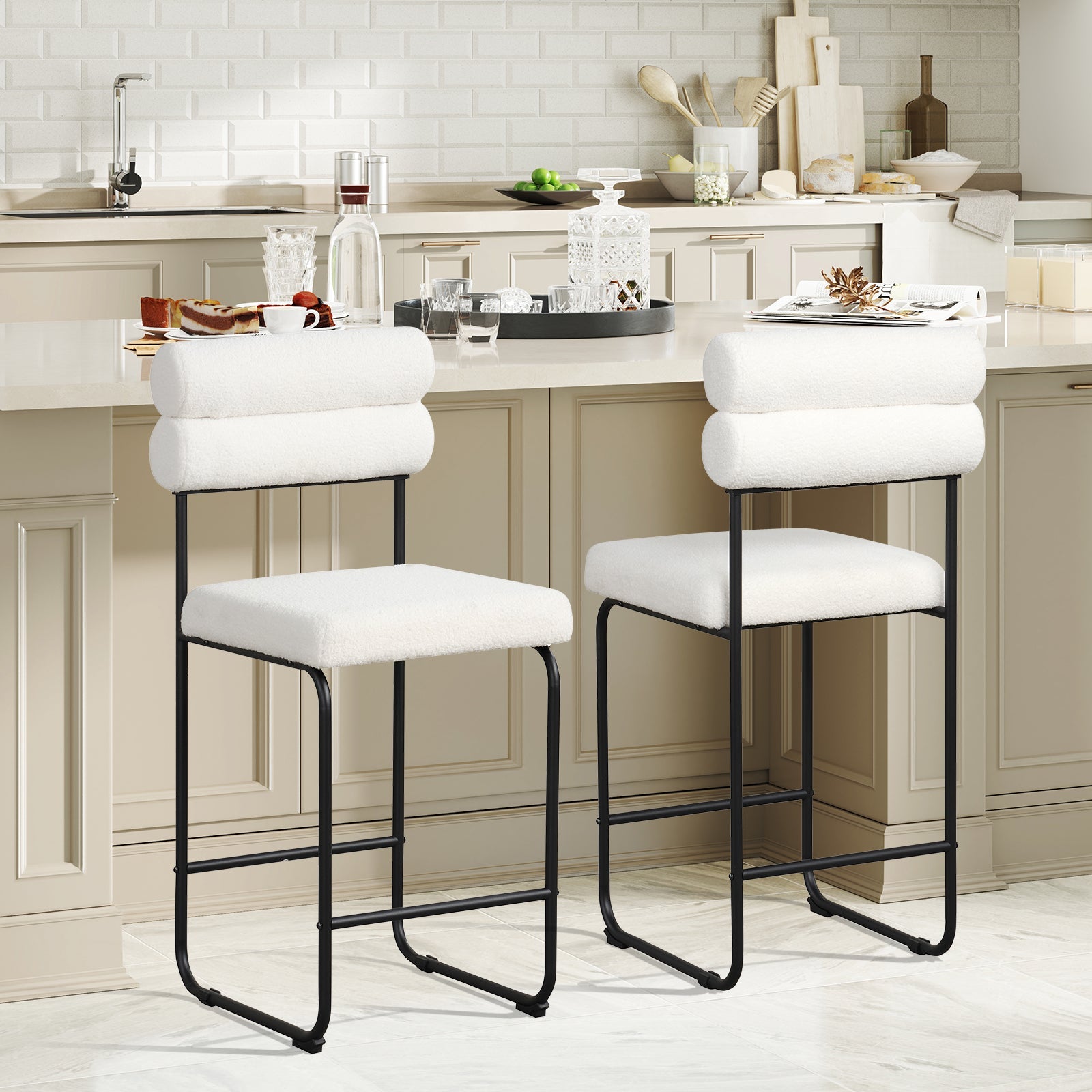 26 Inch Counter Height Bar Stools Set of 2 with Metal Frame and Footrest-White