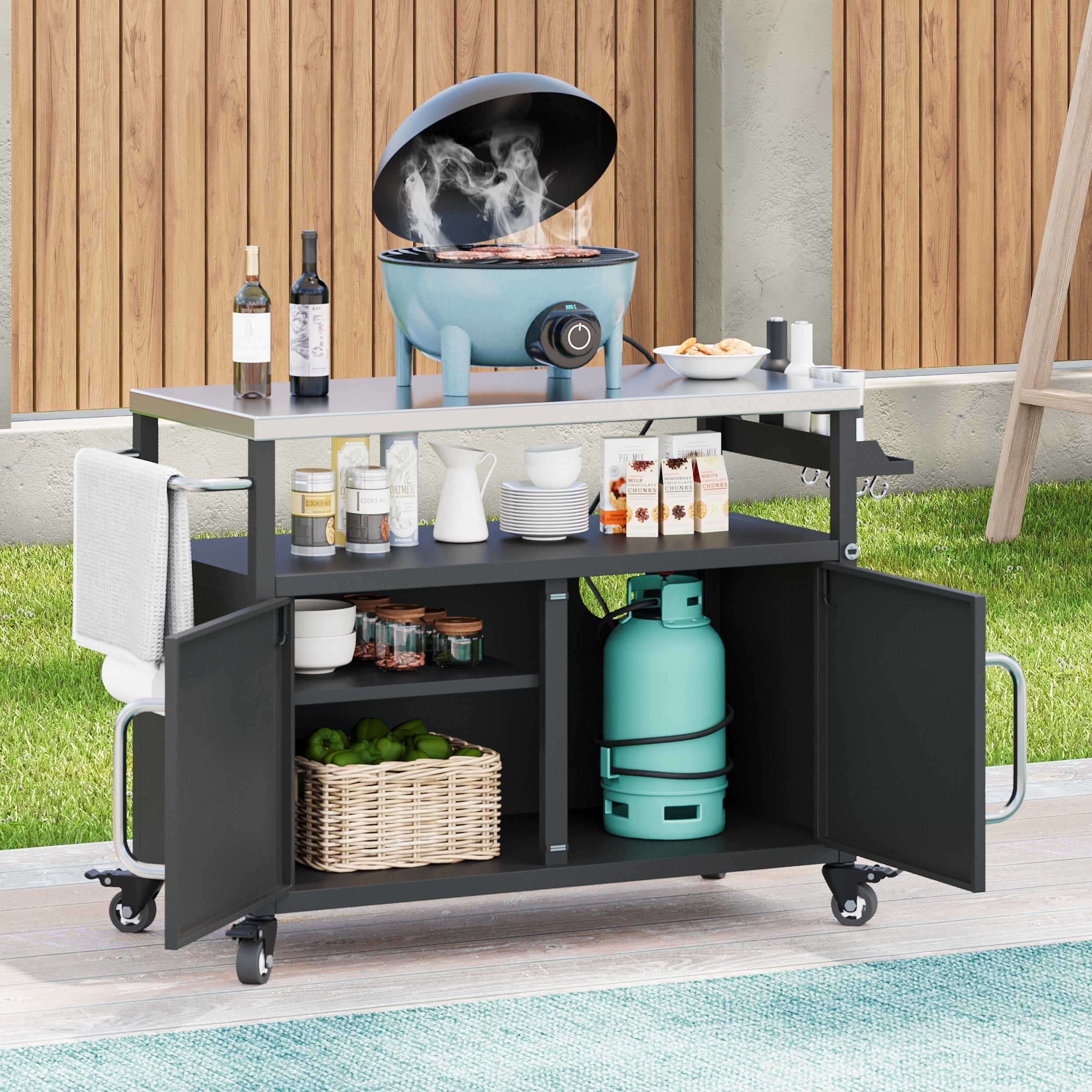 K&K 54.5' Outdoor Kitchen Island with Stainless Steel Tabletop and Storage