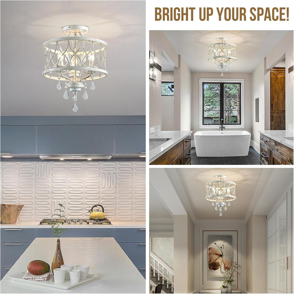 Farmhouse Crystal Ceiling Light Three Light White Fixture