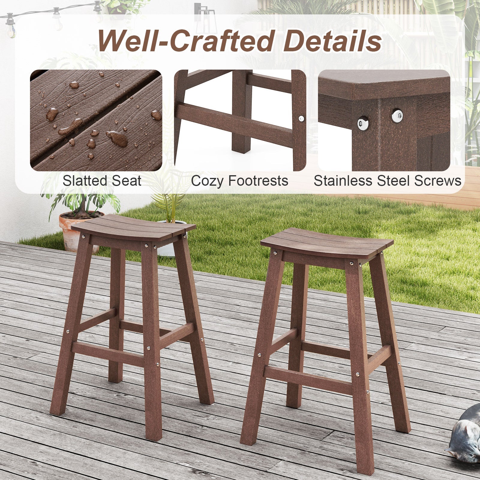 29 Inch HDPE Patio Bar Stool Set of 2 Armless Saddle Stools-Brown