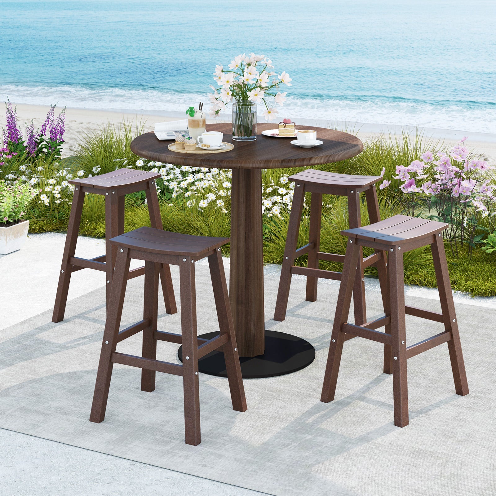 29 Inch HDPE Patio Bar Stool Set of 2 Armless Saddle Stools-Brown