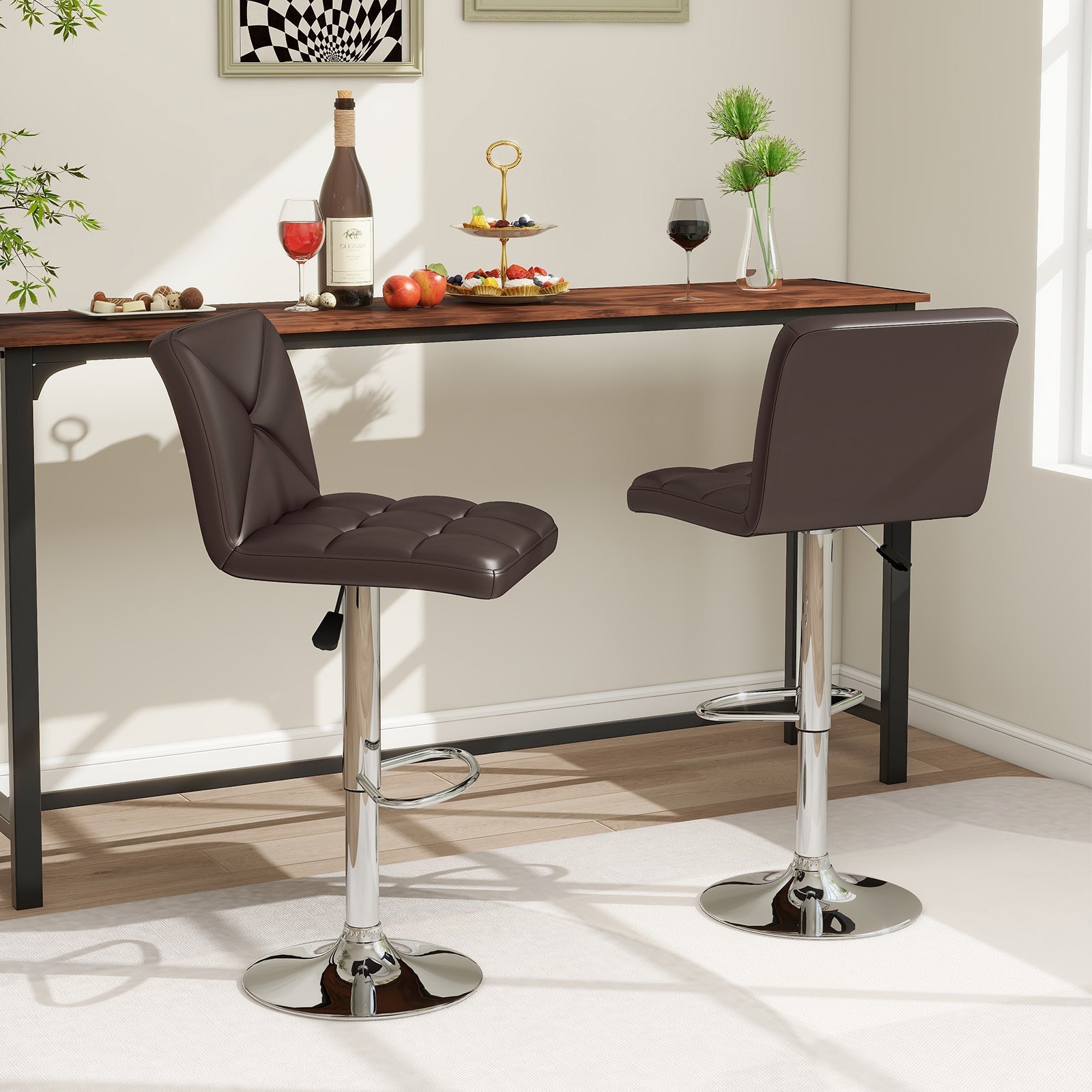 PU Leather Upholstered Bar Stools Set of 2 with Back and Adjustable Height-Brown