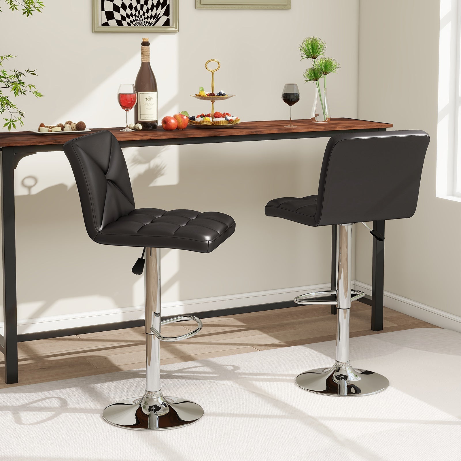 PU Leather Upholstered Bar Stools Set of 2 with Back and Adjustable Height-Black