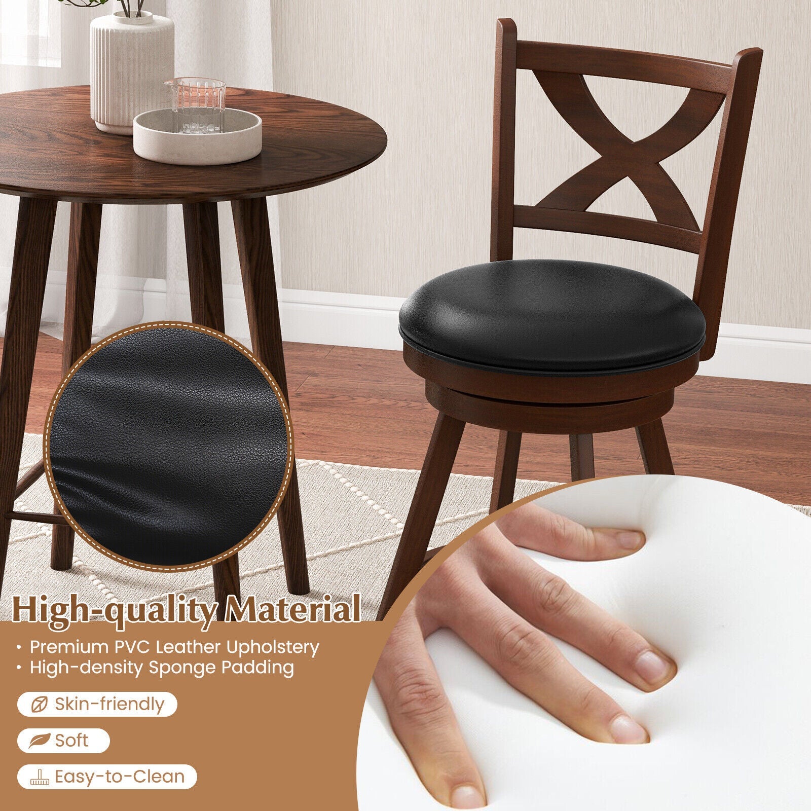 2 Pieces Classic Counter Height Swivel Bar Stool Set with X-shaped Open Back-24 Inch