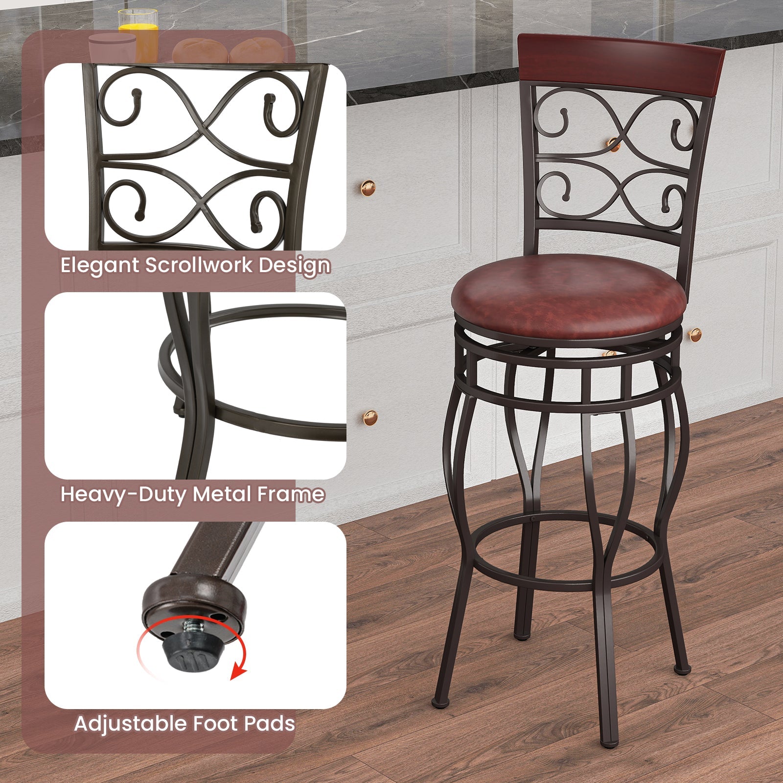 2 Pieces 30 Inch 360 Degree Swivel Bar Stools with Leather Padded Seat-Brown