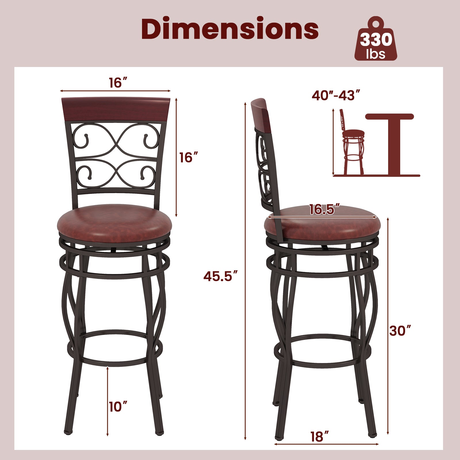 2 Pieces 30 Inch 360 Degree Swivel Bar Stools with Leather Padded Seat-Brown