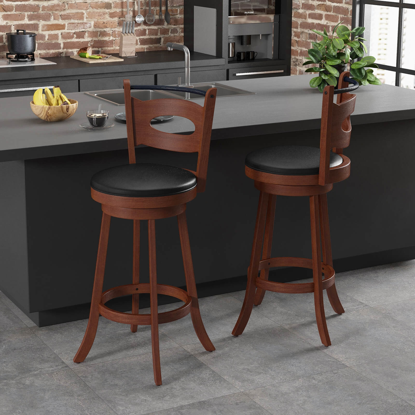 2 Pieces 24/29 inch Swivel Bar Stools with Curved Backrest and Seat Cushions-29 inches
